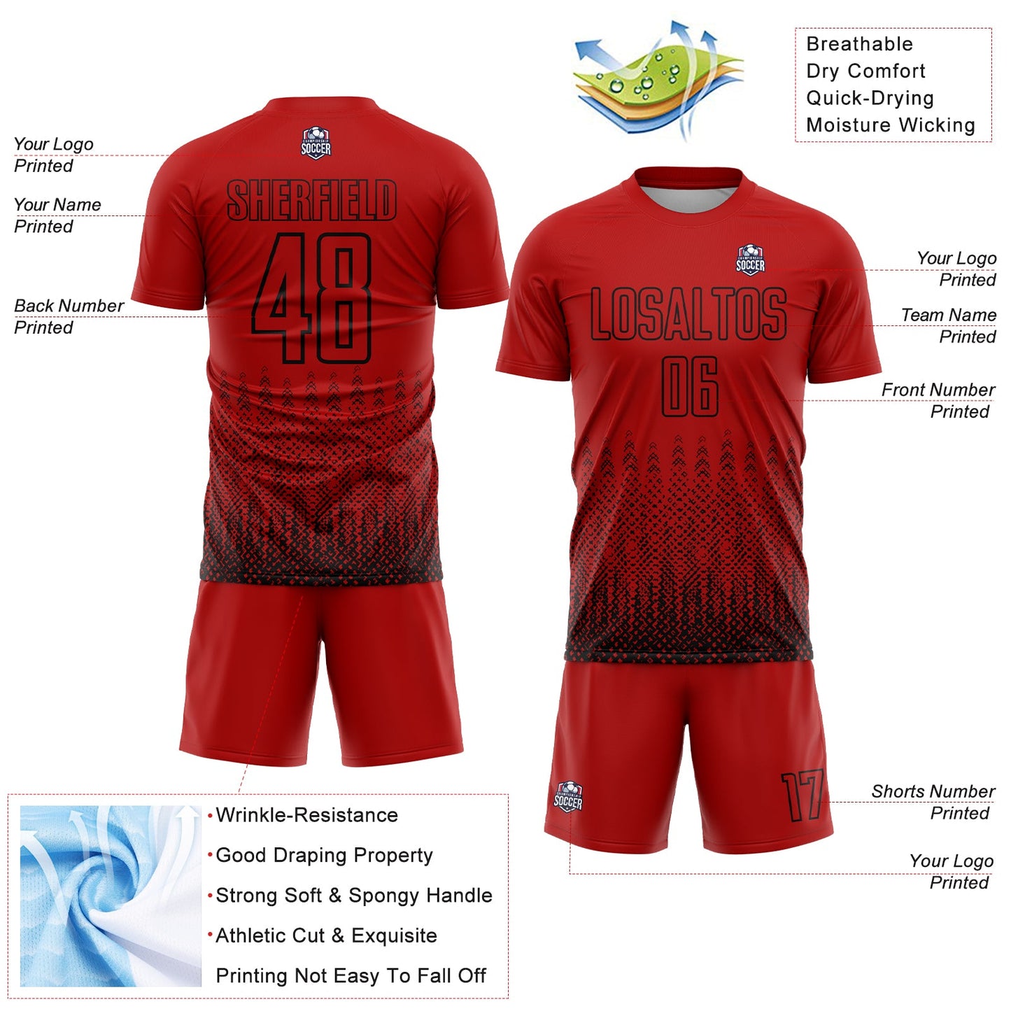 Custom Red Black Geometric Shape Sublimation Soccer Uniform Jersey - Sky-Custom
