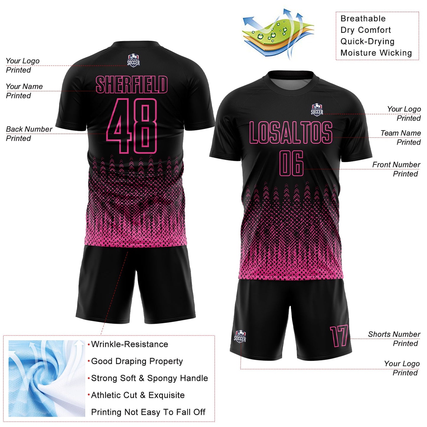 Custom Black Pink Geometric Shape Sublimation Soccer Uniform Jersey - Sky-Custom