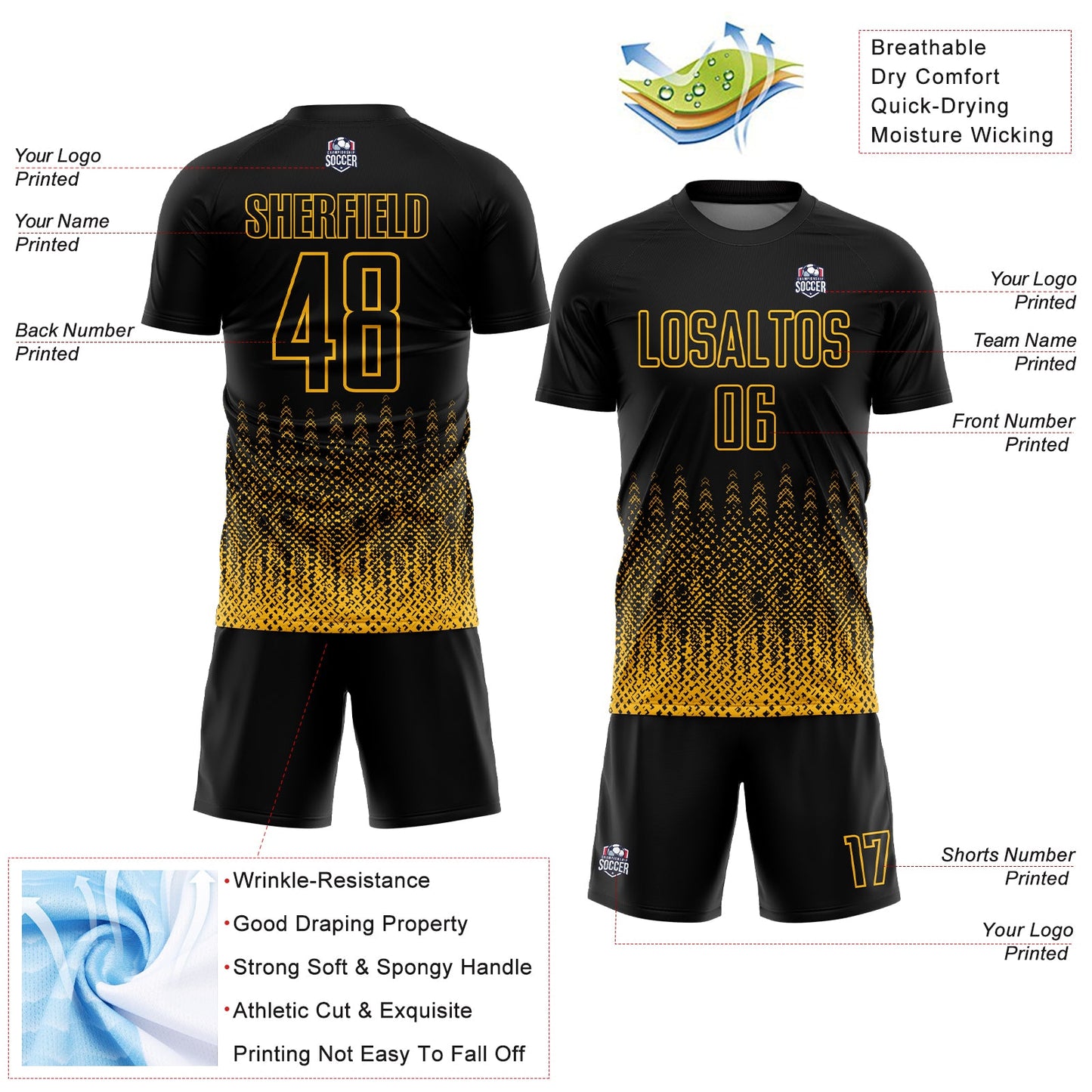 Custom Black Gold Geometric Shape Sublimation Soccer Uniform Jersey - Sky-Custom