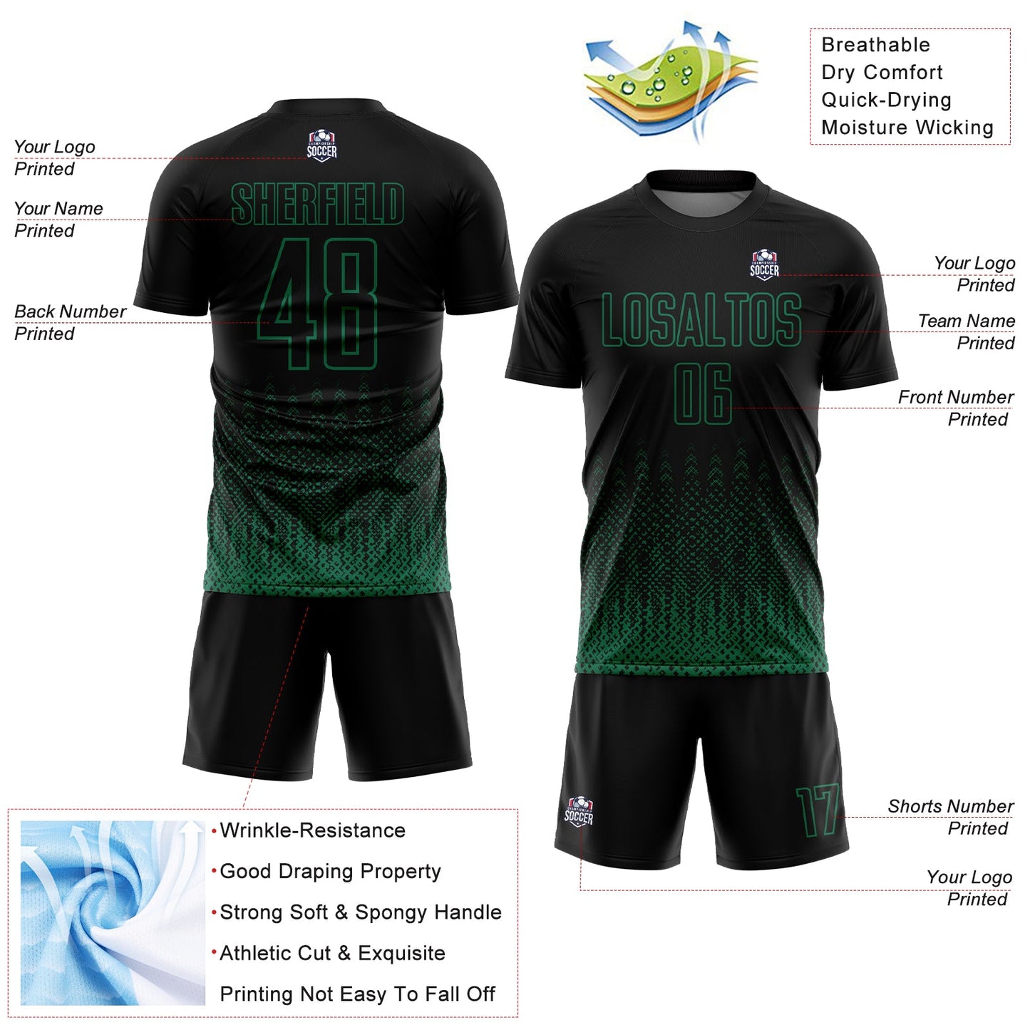 Custom Black Kelly Green Geometric Shape Sublimation Soccer Uniform Jersey - Sky-Custom