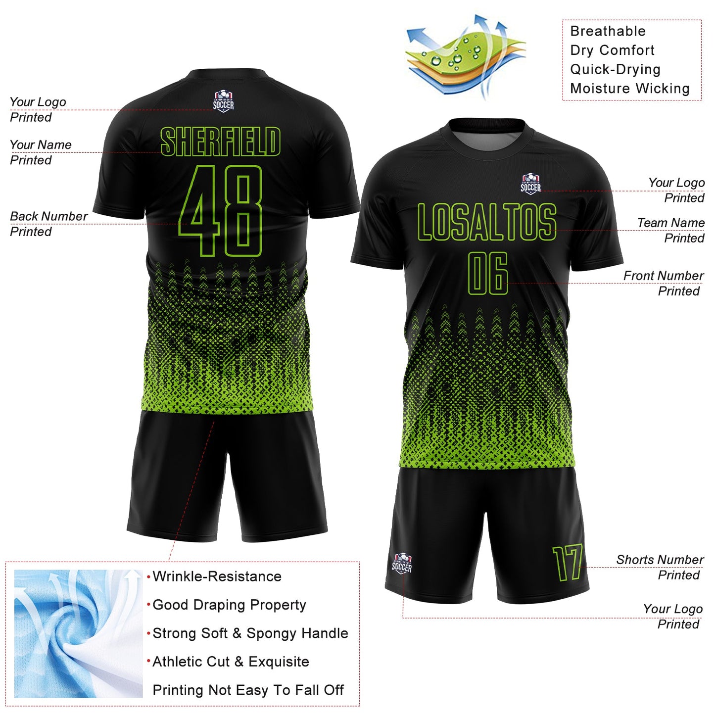 Custom Black Neon Green Geometric Shape Sublimation Soccer Uniform Jersey - Sky-Custom