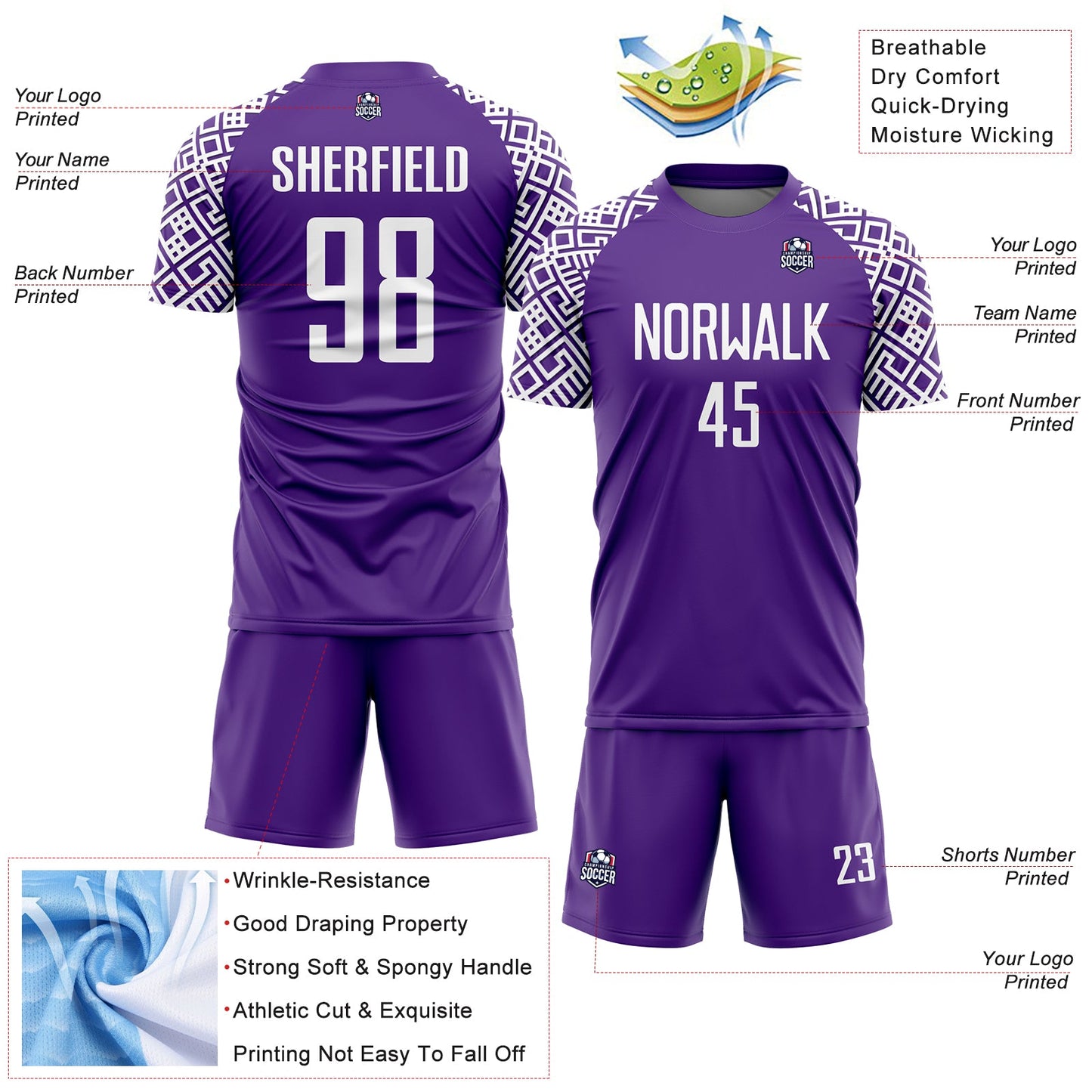 Custom Purple White Geometric Shape Sublimation Soccer Uniform Jersey - Sky-Custom