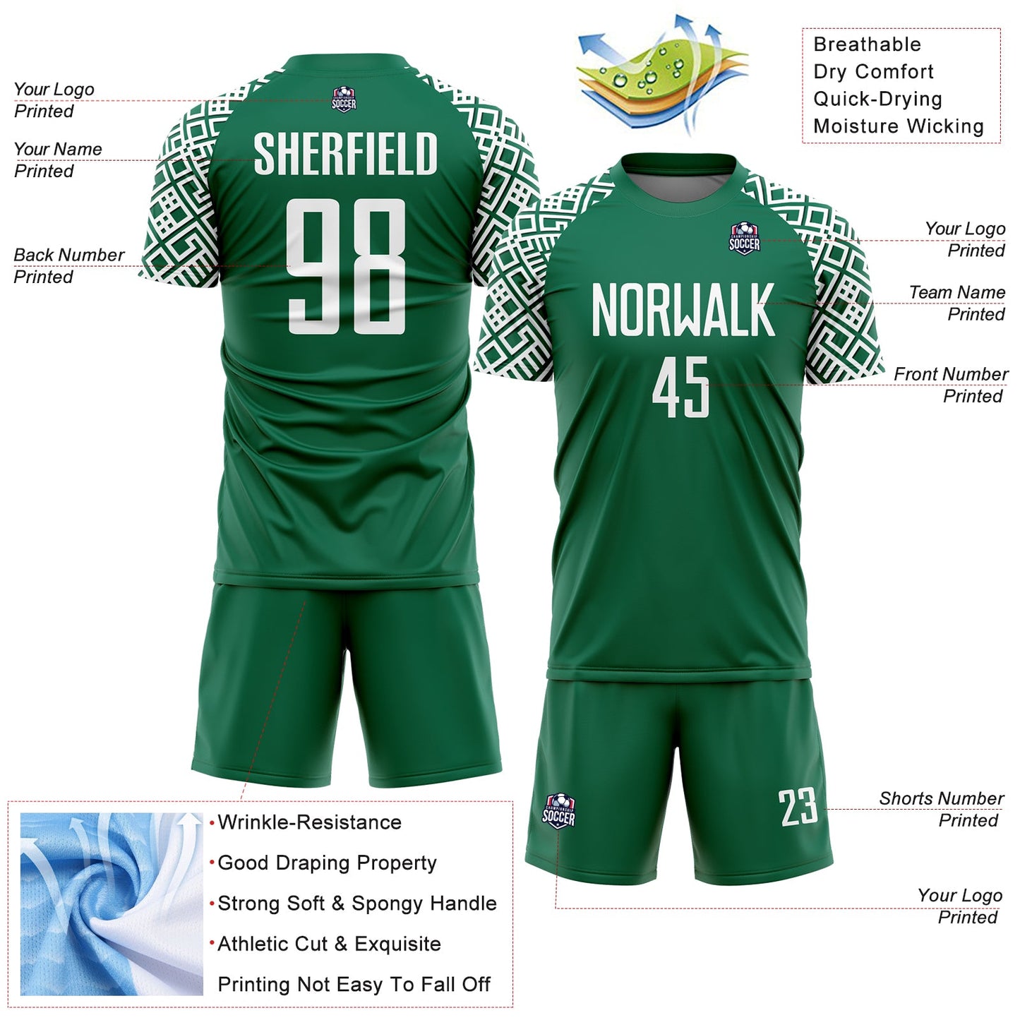 Custom Kelly Green White Geometric Shape Sublimation Soccer Uniform Jersey - Sky-Custom