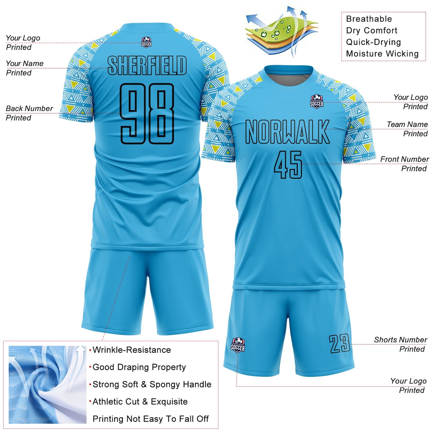 Custom Sky Blue Black Geometric Shape Sublimation Soccer Uniform Jersey - Sky-Custom