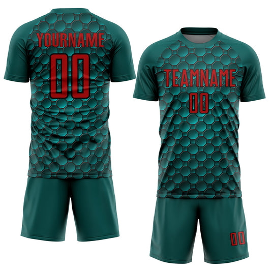 Custom Midnight Green Red-Black Geometric Shape Sublimation Soccer Uniform Jersey - Sky-Custom