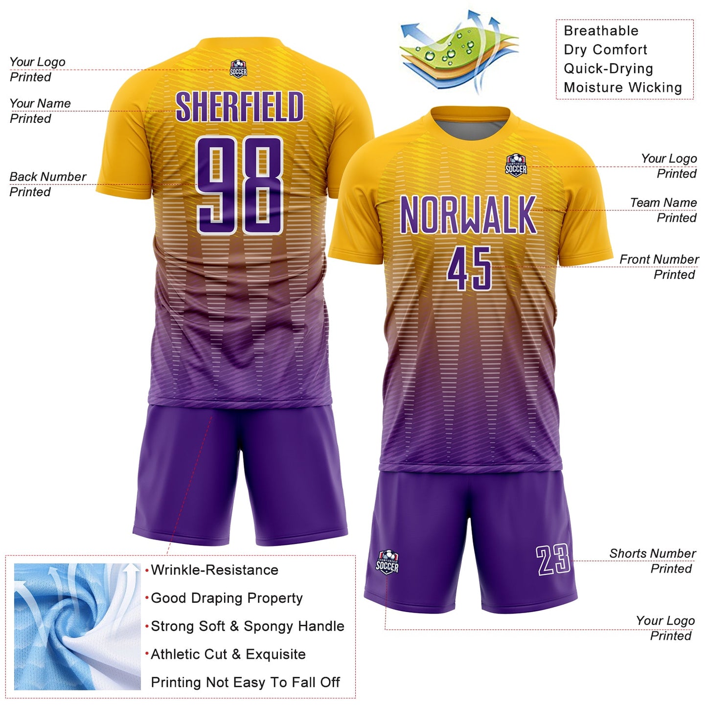 Custom Gold Purple-White Gradient Line Sublimation Soccer Uniform Jersey - Sky-Custom