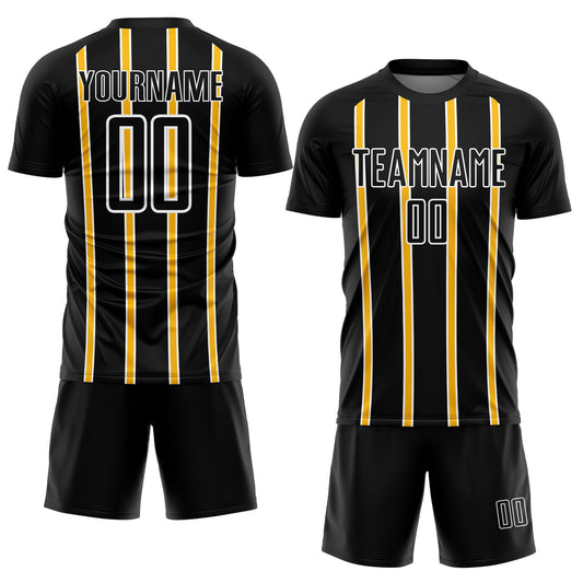 Custom Black Gold-White Stripe Line Sublimation Soccer Uniform Jersey - Sky-Custom