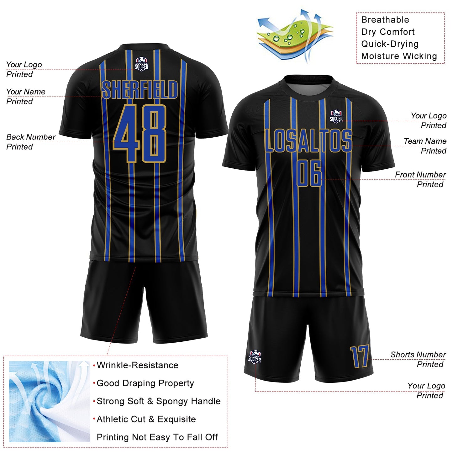 Custom Black Thunder Blue-Old Gold Stripe Line Sublimation Soccer Uniform Jersey - Sky-Custom