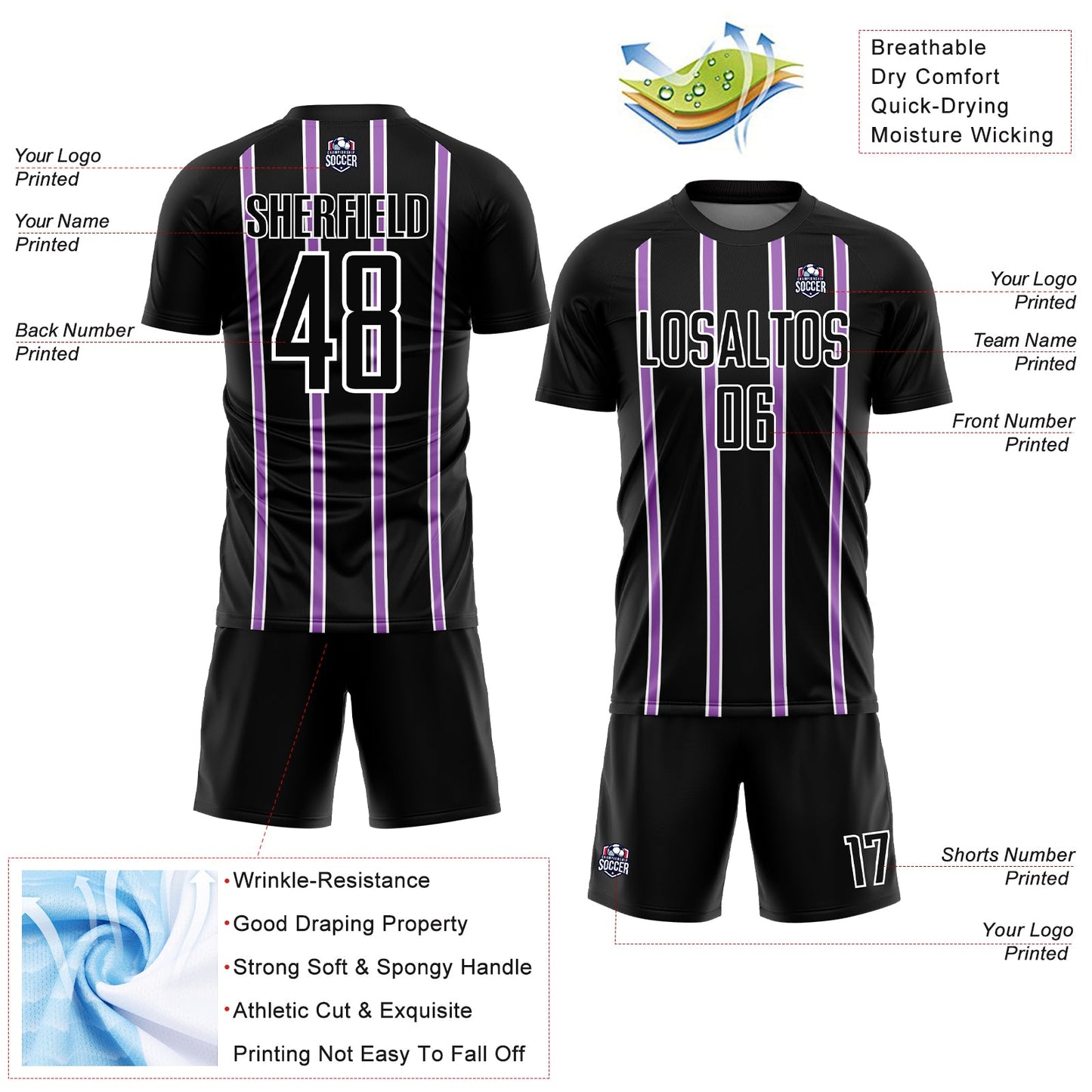 Custom Black Medium Purple-White Stripe Line Sublimation Soccer Uniform Jersey - Sky-Custom