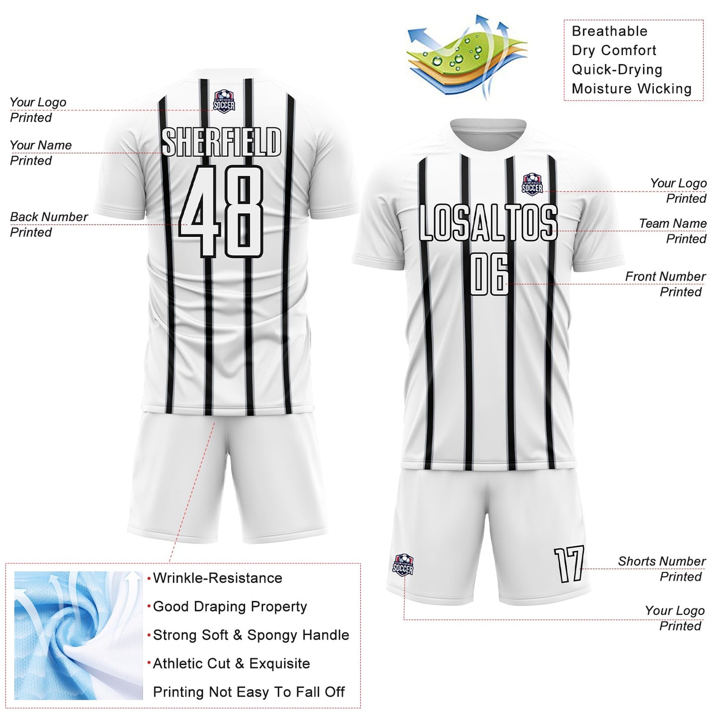 Custom White Black-Gray Stripe Line Sublimation Soccer Uniform Jersey - Sky-Custom