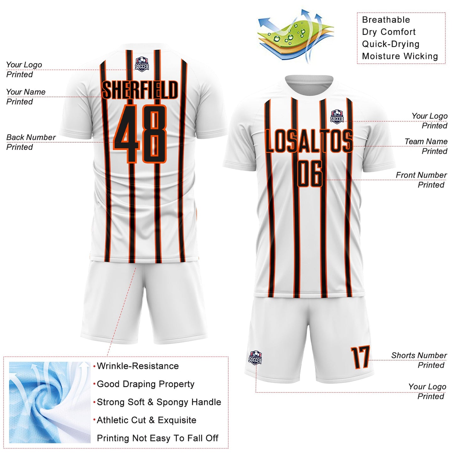 Custom White Black-Orange Stripe Line Sublimation Soccer Uniform Jersey - Sky-Custom