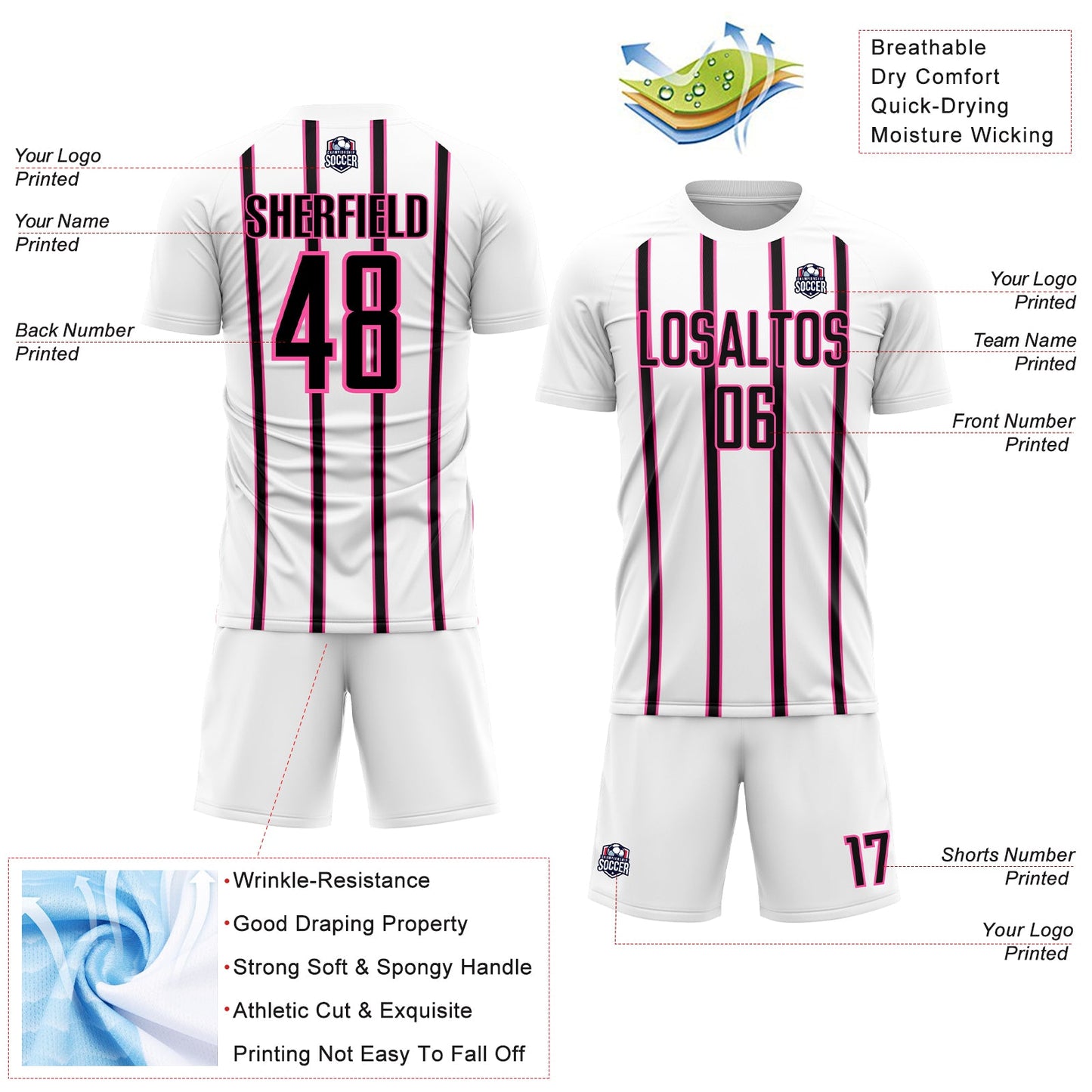 Custom White Black-Pink Stripe Line Sublimation Soccer Uniform Jersey - Sky-Custom
