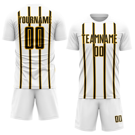 Custom White Black-Gold Stripe Line Sublimation Soccer Uniform Jersey - Sky-Custom