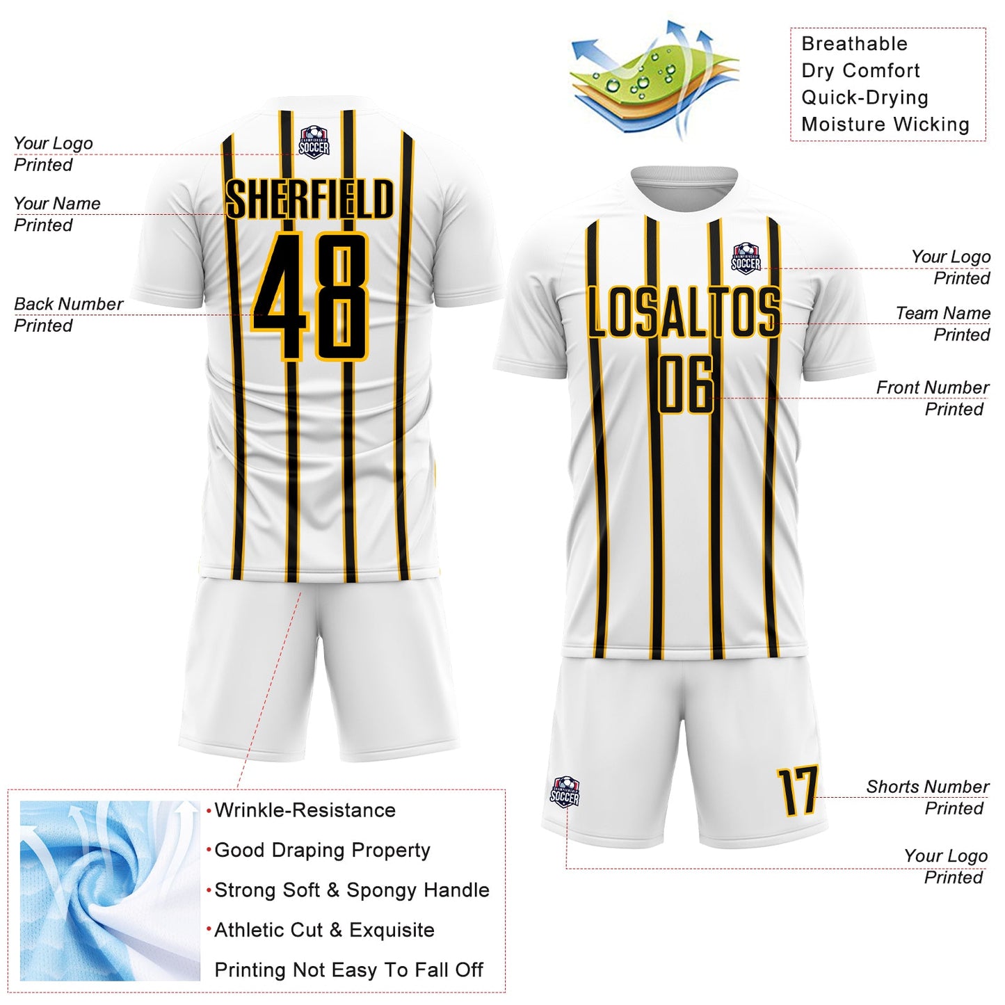 Custom White Black-Gold Stripe Line Sublimation Soccer Uniform Jersey - Sky-Custom