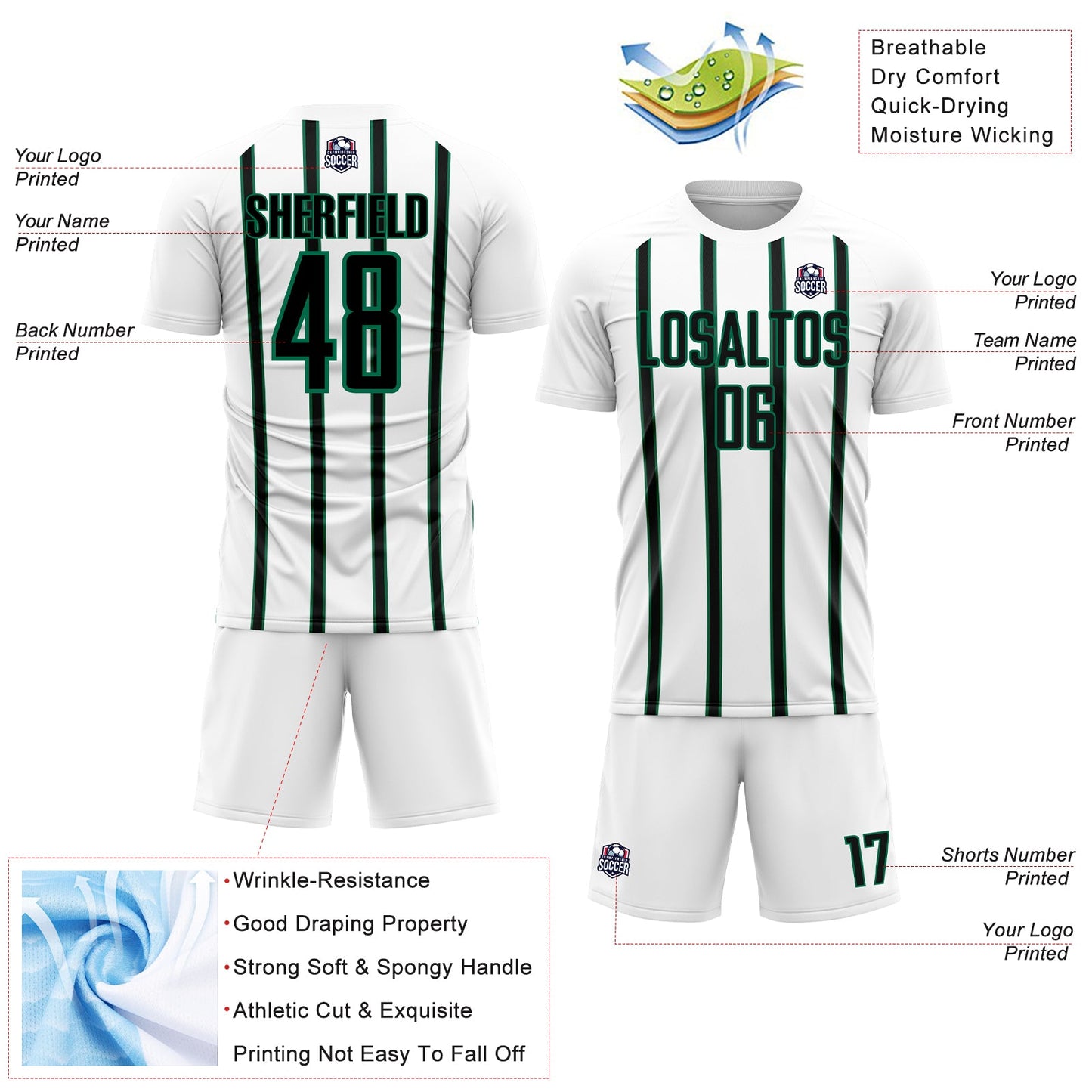 Custom White Black-Kelly Green Stripe Line Sublimation Soccer Uniform Jersey - Sky-Custom