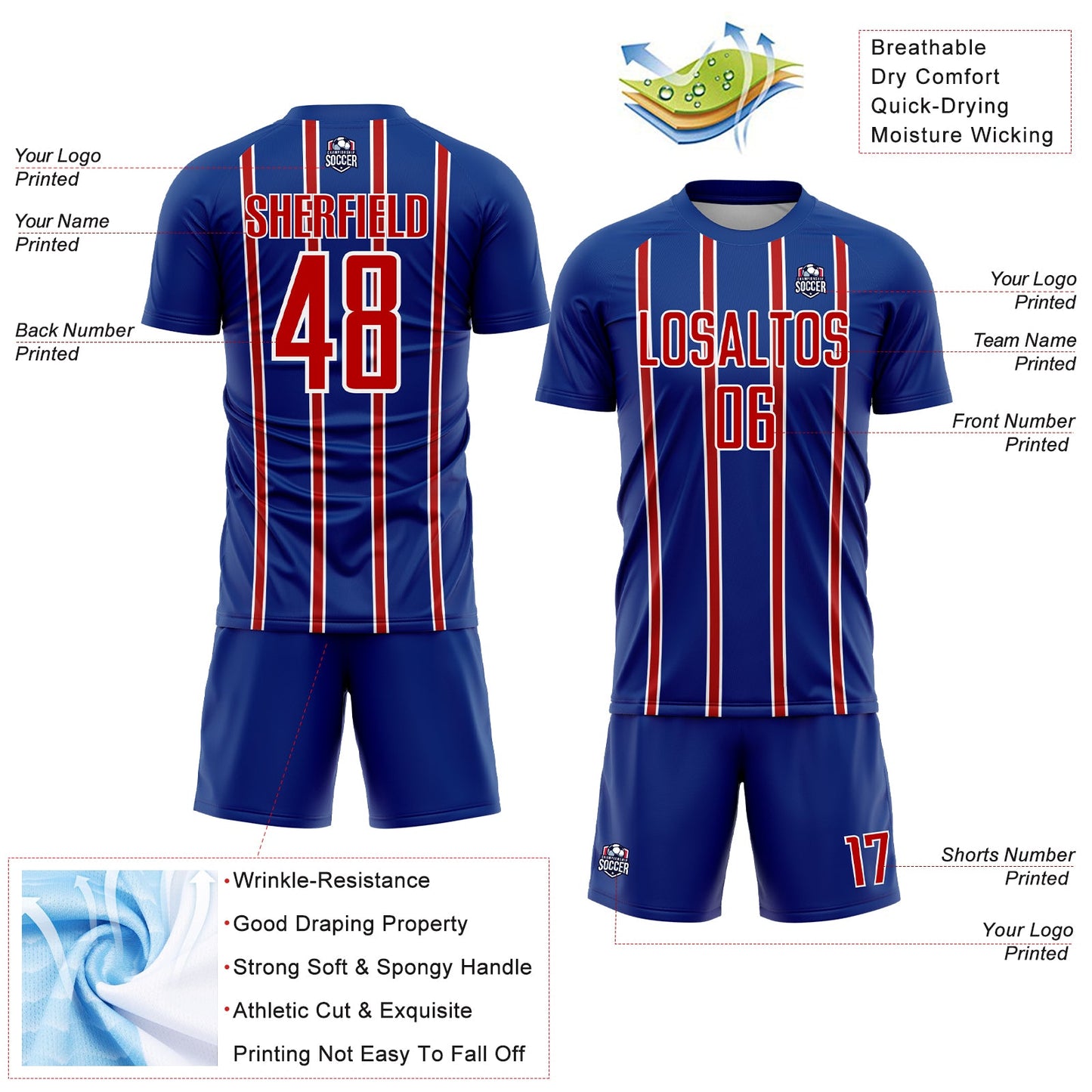 Custom Royal Red-White Stripe Line Sublimation Soccer Uniform Jersey - Sky-Custom