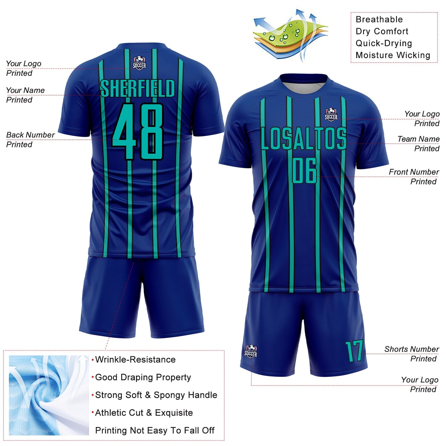 Custom Royal Aqua-Black Stripe Line Sublimation Soccer Uniform Jersey - Sky-Custom