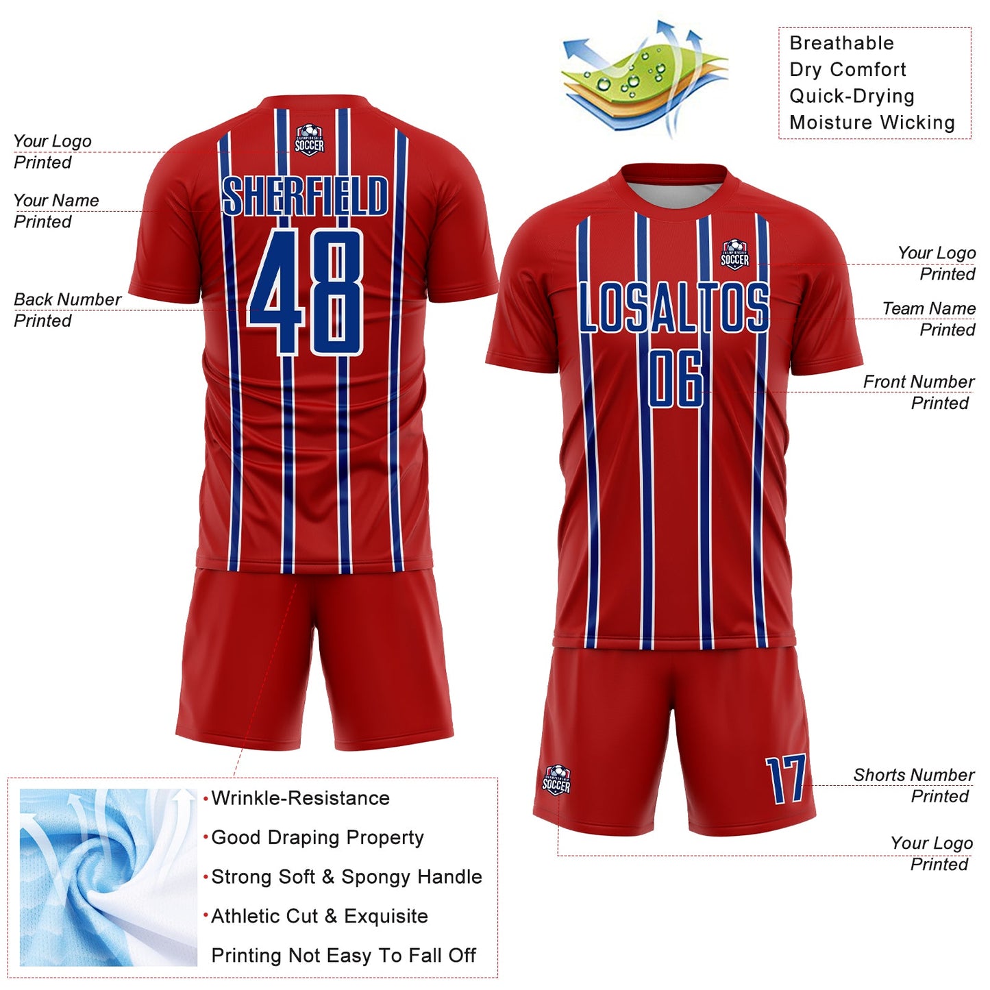 Custom Red Royal-White Stripe Line Sublimation Soccer Uniform Jersey - Sky-Custom