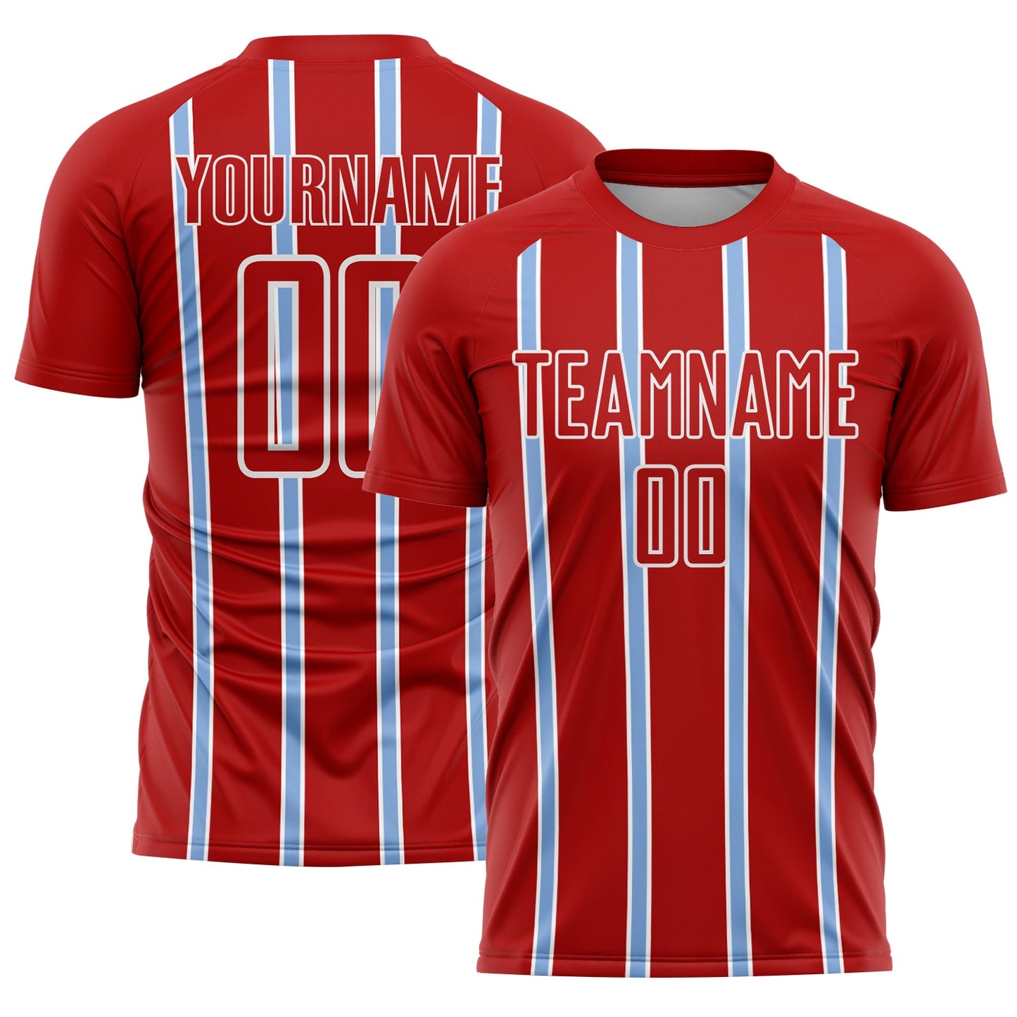 Custom Red Light Blue-White Stripe Line Sublimation Soccer Uniform Jersey - Sky-Custom