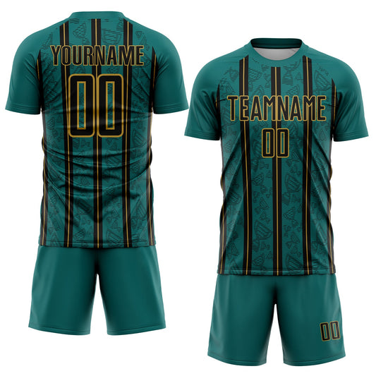 Custom Teal Black-Old Gold Stripe Line Sublimation Soccer Uniform Jersey - Sky-Custom