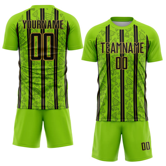Custom Neon Green Black-Old Gold Stripe Line Sublimation Soccer Uniform Jersey - Sky-Custom