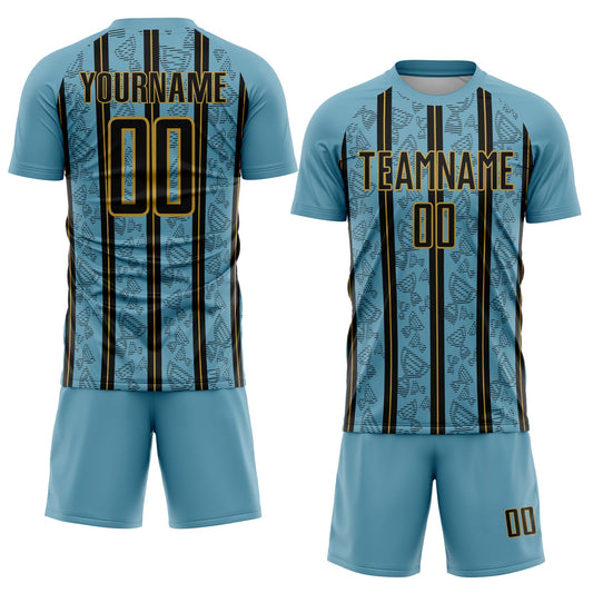 Custom Shadow Blue Black-Old Gold Stripe Line Sublimation Soccer Uniform Jersey - Sky-Custom