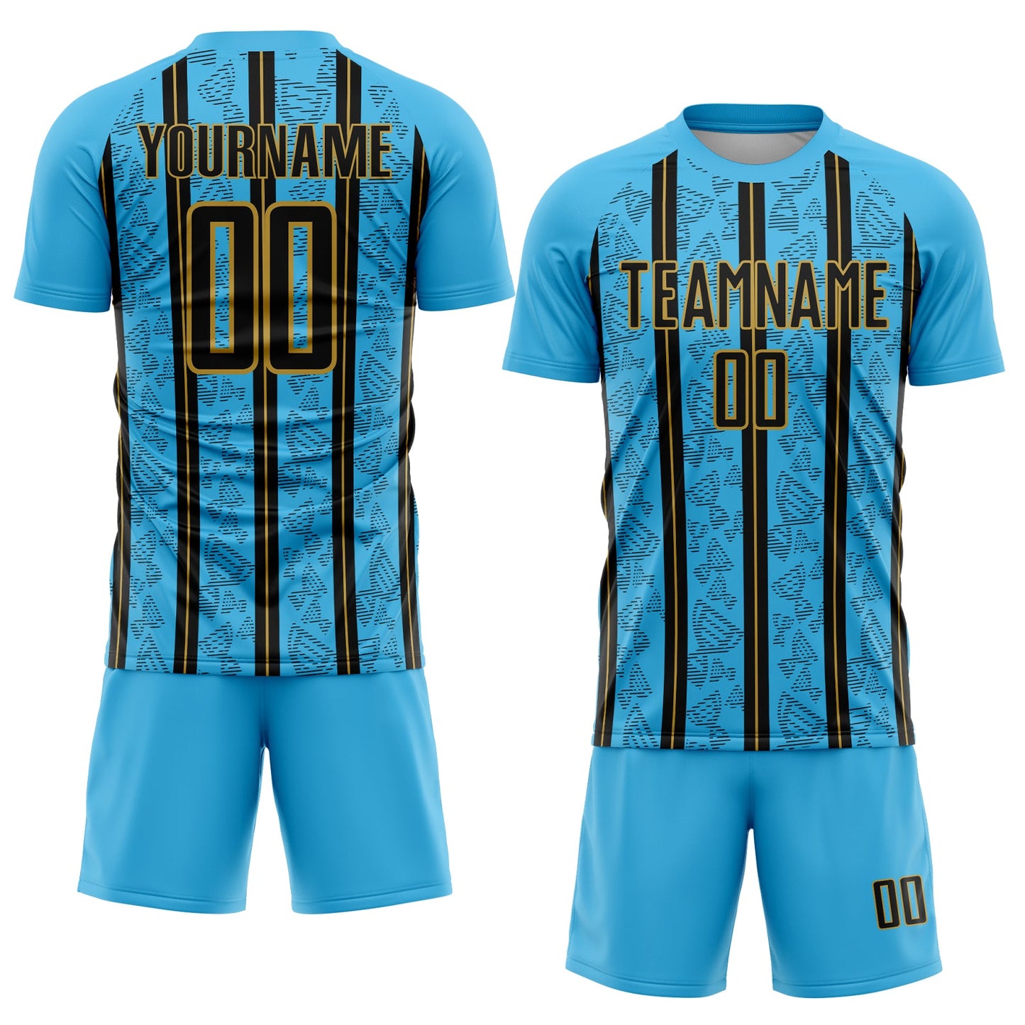 Custom Sky Blue Black-Old Gold Stripe Line Sublimation Soccer Uniform Jersey - Sky-Custom