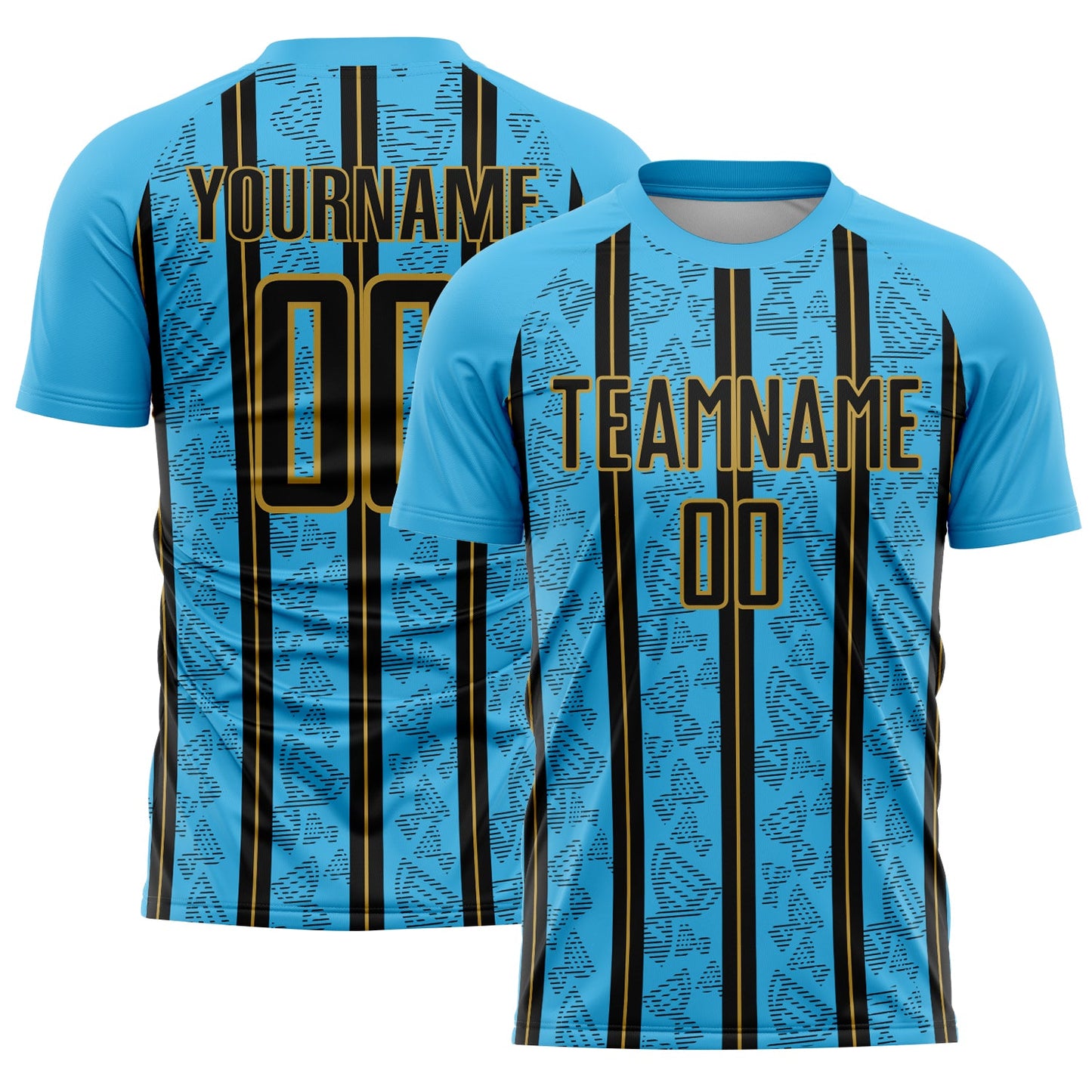 Custom Sky Blue Black-Old Gold Stripe Line Sublimation Soccer Uniform Jersey - Sky-Custom