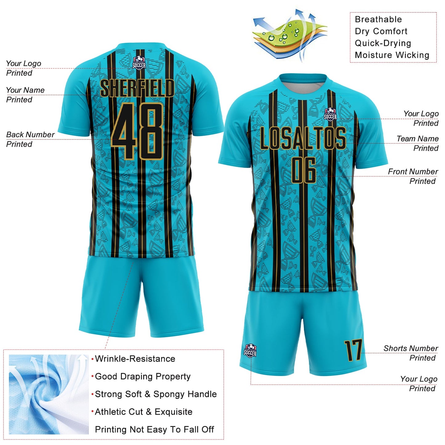 Custom Lakes Blue Black-Old Gold Stripe Line Sublimation Soccer Uniform Jersey - Sky-Custom
