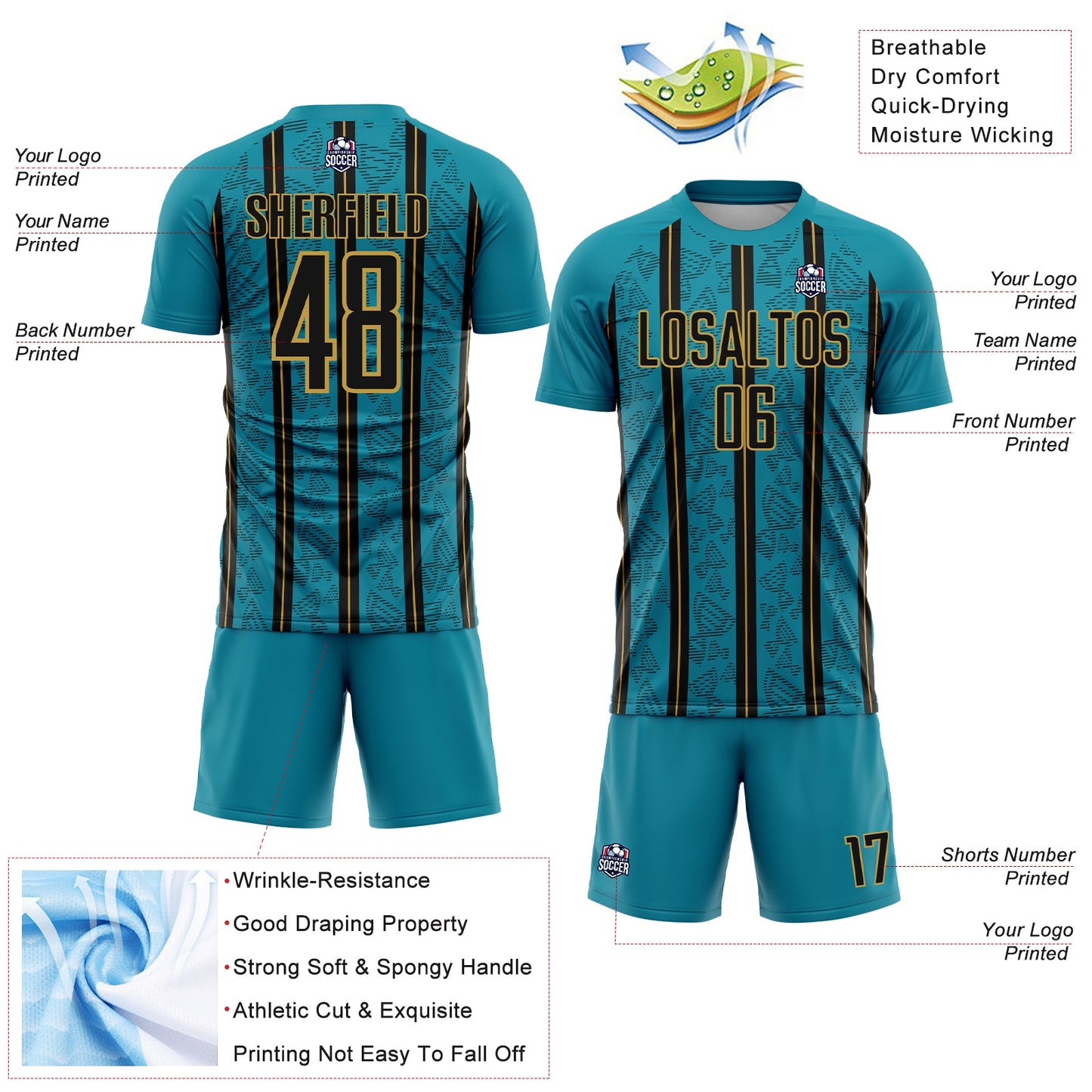 Custom Teal Black-Old Gold Stripe Line Sublimation Soccer Uniform Jersey - Sky-Custom