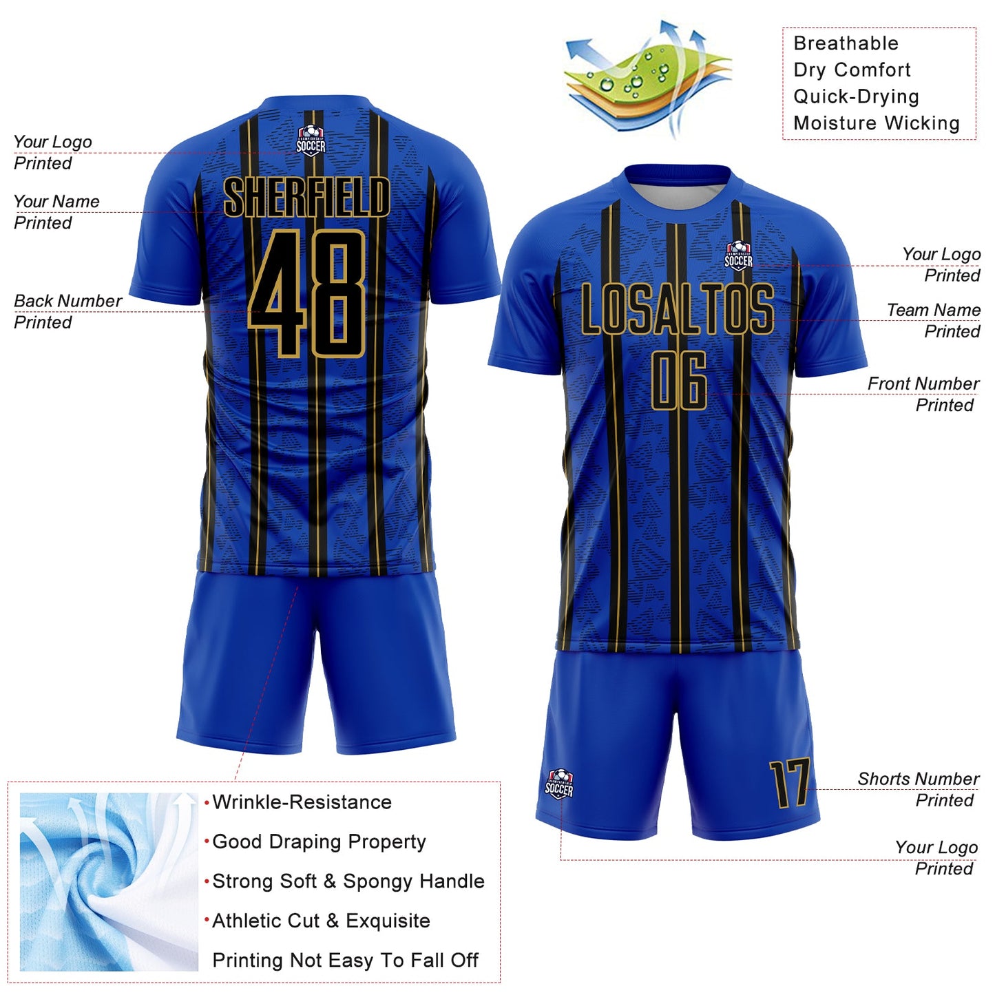 Custom Thunder Blue Black-Old Gold Stripe Line Sublimation Soccer Uniform Jersey - Sky-Custom