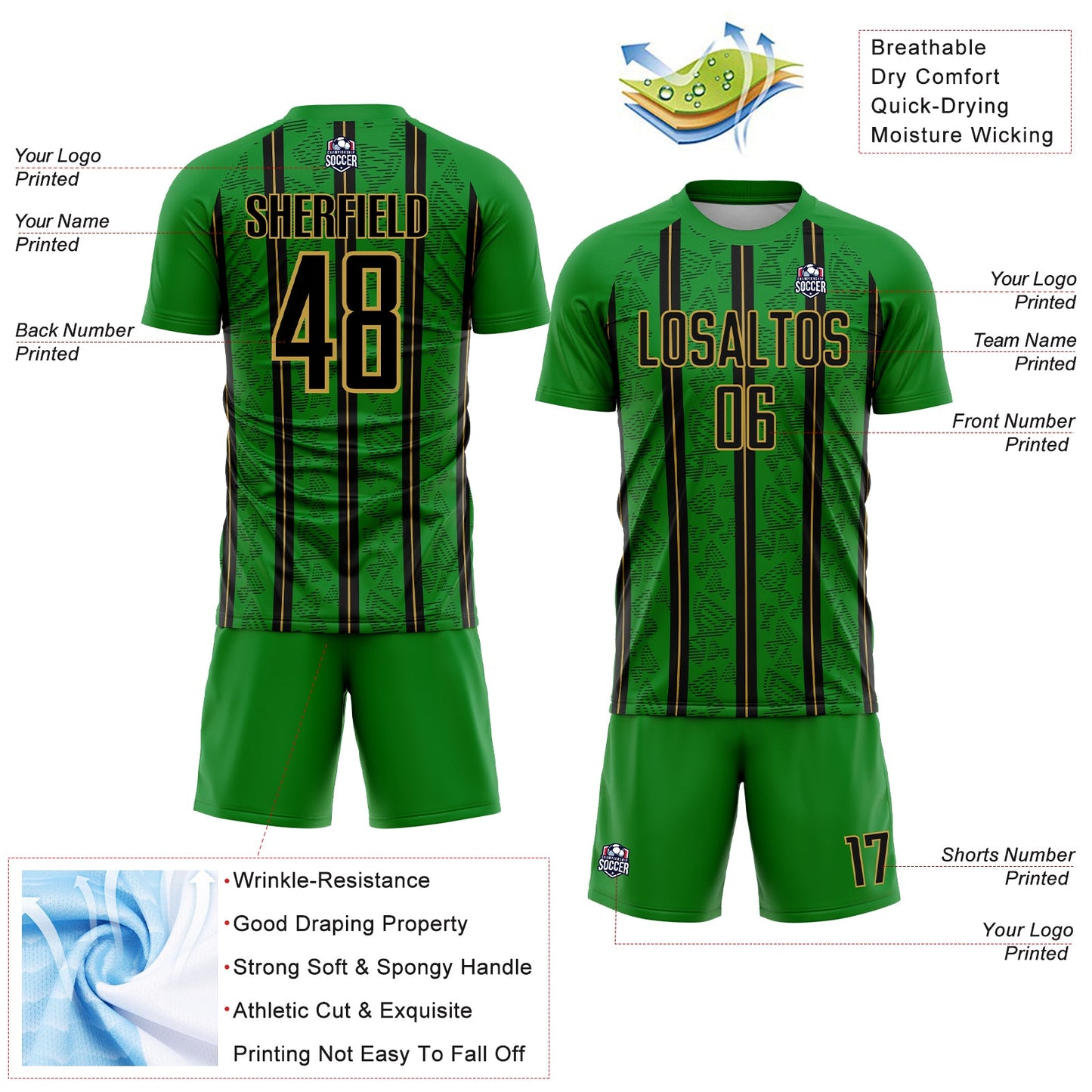 Custom Grass Green Black-Old Gold Stripe Line Sublimation Soccer Uniform Jersey - Sky-Custom