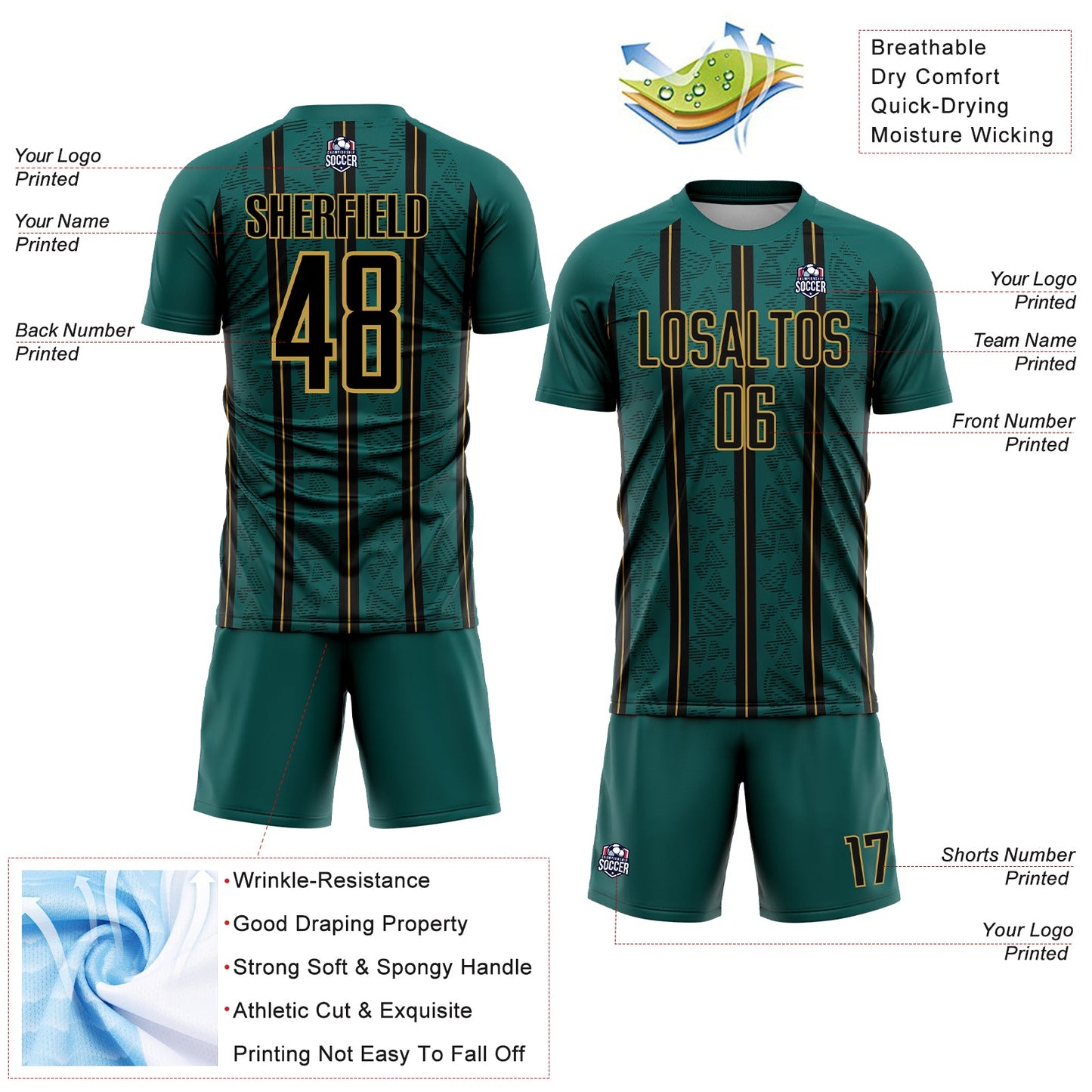 Custom Midnight Green Black-Old Gold Stripe Line Sublimation Soccer Uniform Jersey - Sky-Custom