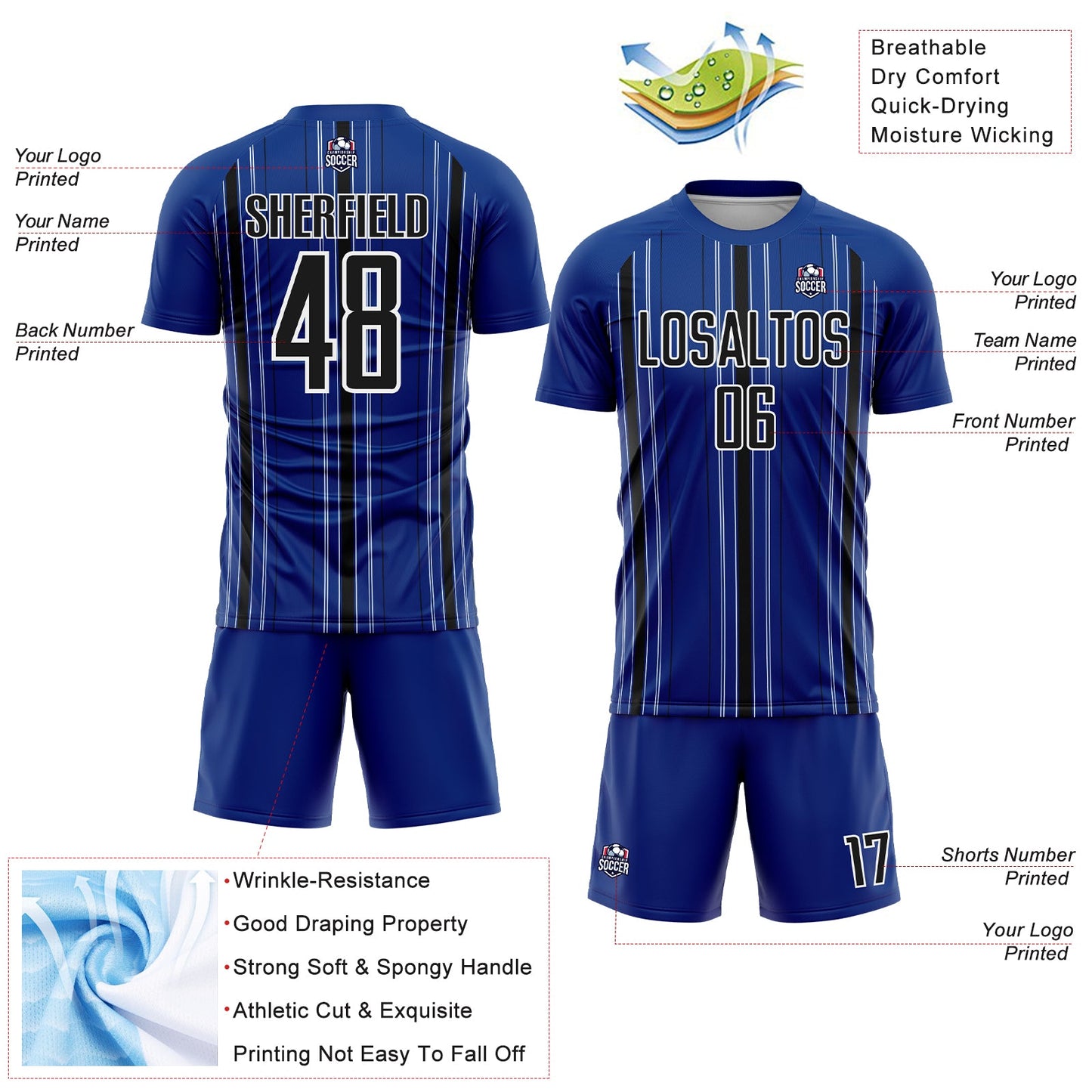Custom Royal Black-White Stripe Sublimation Soccer Uniform Jersey - Sky-Custom