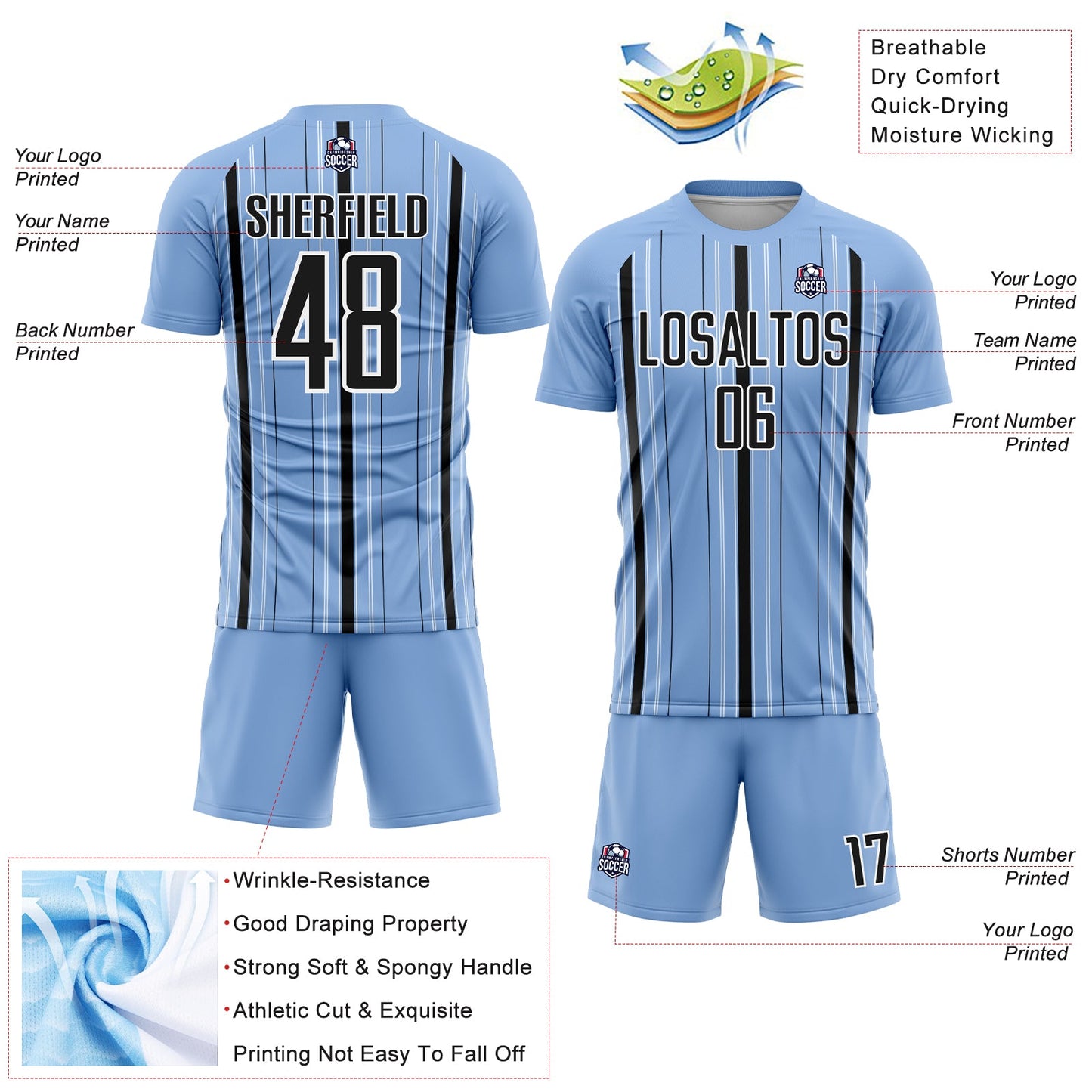 Custom Light Blue Black-White Stripe Sublimation Soccer Uniform Jersey - Sky-Custom
