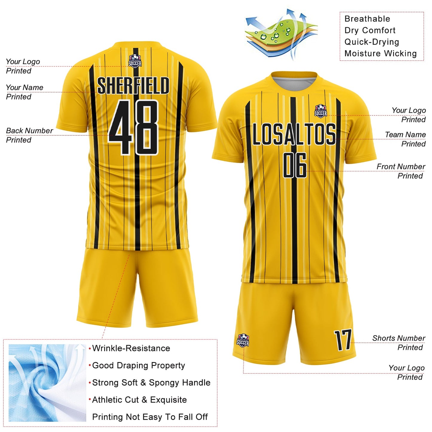 Custom Yellow Black-White Stripe Sublimation Soccer Uniform Jersey - Sky-Custom