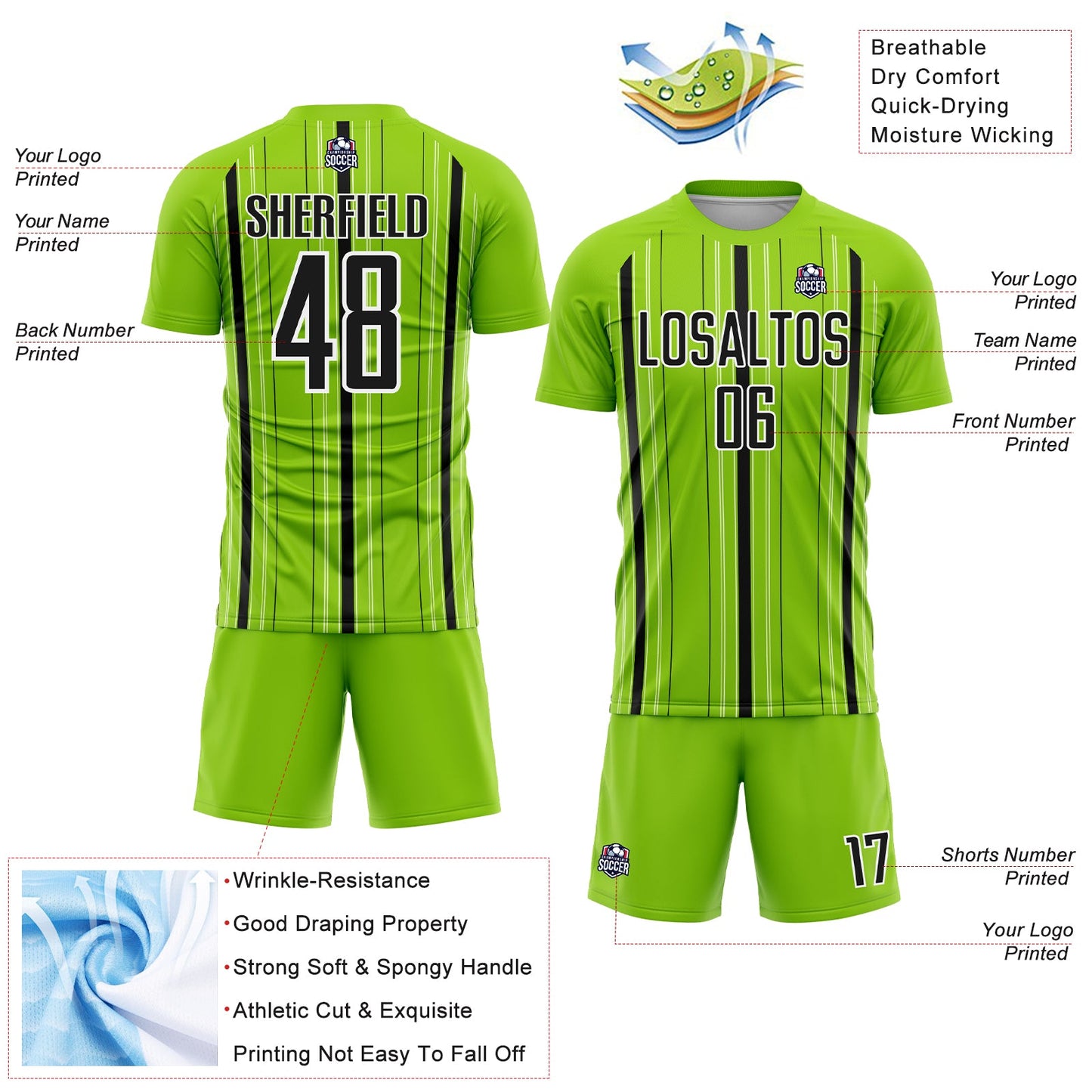 Custom Neon Green Black-White Stripe Sublimation Soccer Uniform Jersey - Sky-Custom