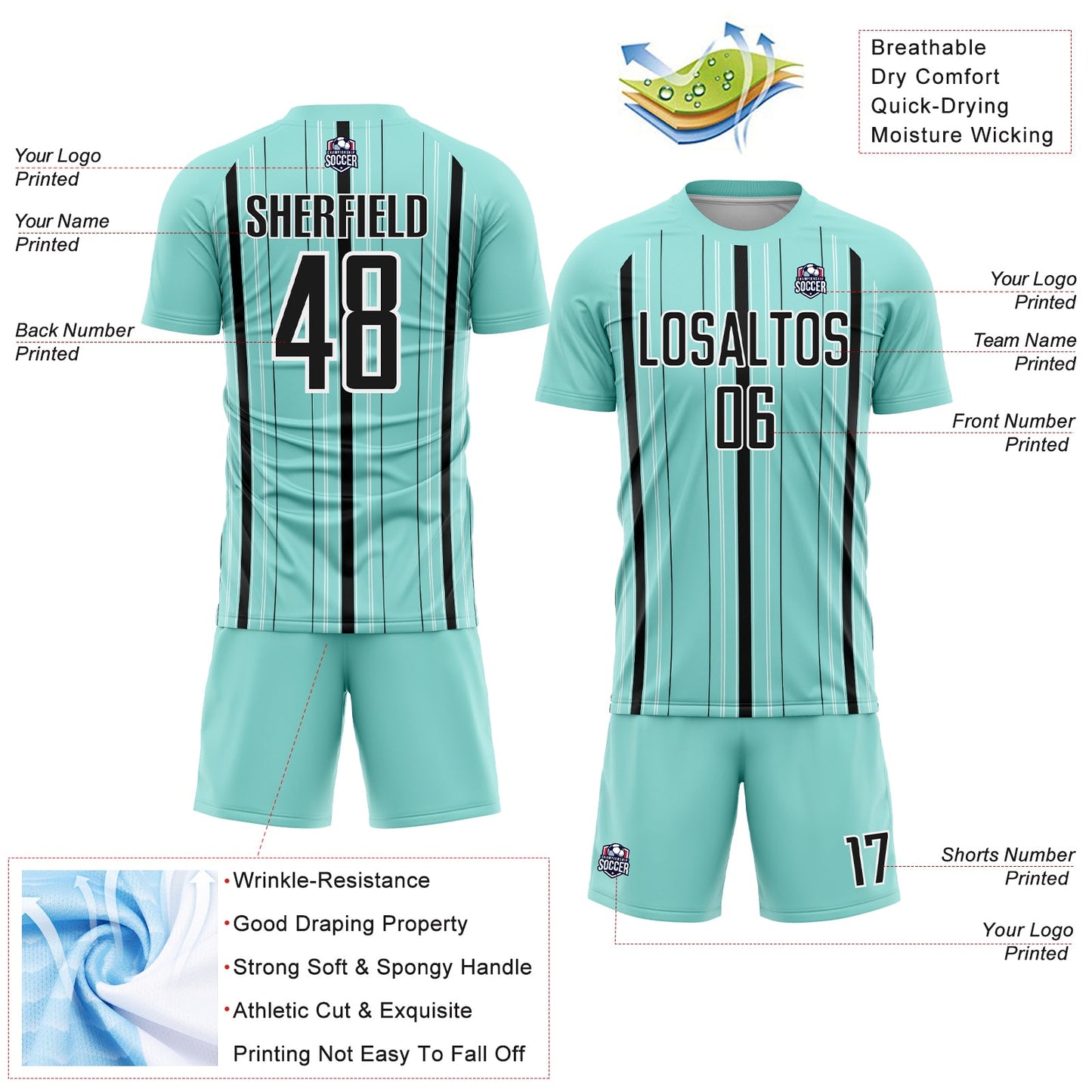 Custom Ice Blue Black-White Stripe Sublimation Soccer Uniform Jersey - Sky-Custom