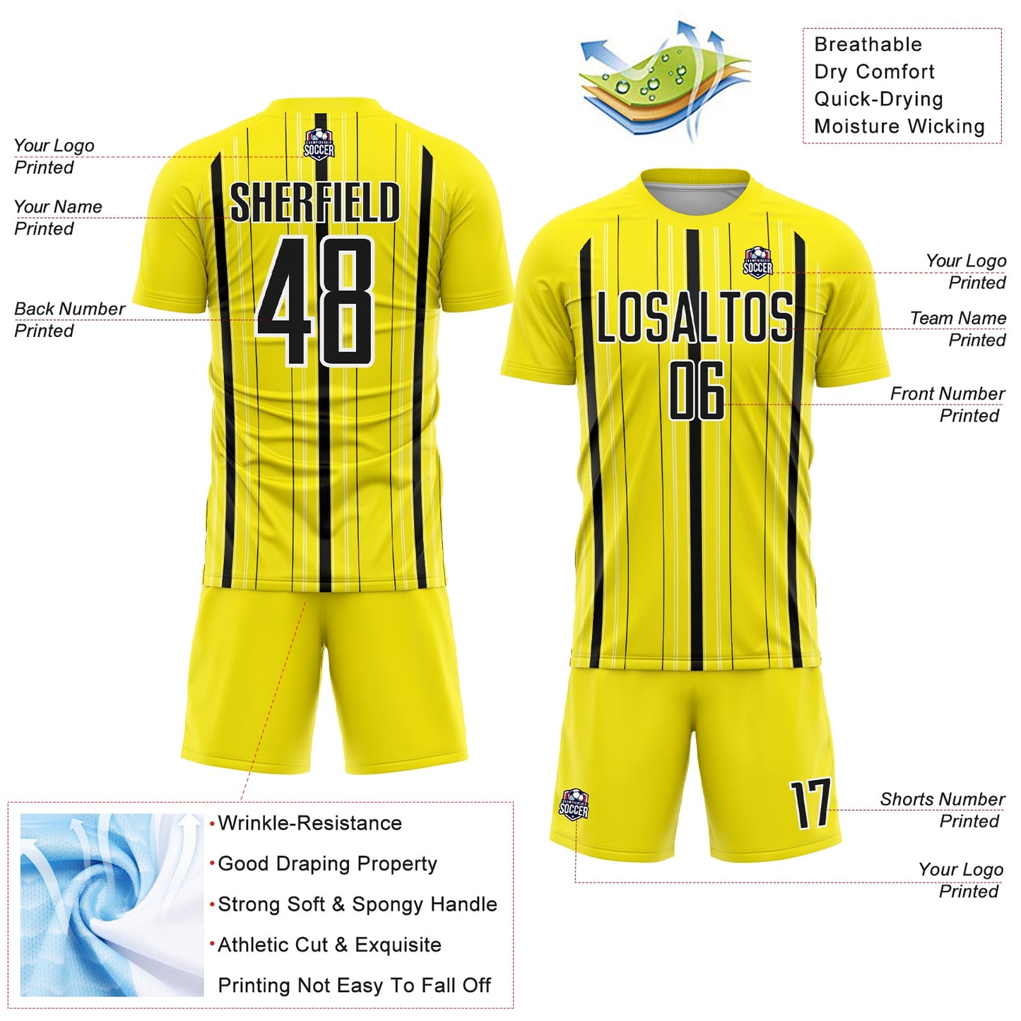 Custom Light Yellow Black-White Stripe Sublimation Soccer Uniform Jersey - Sky-Custom