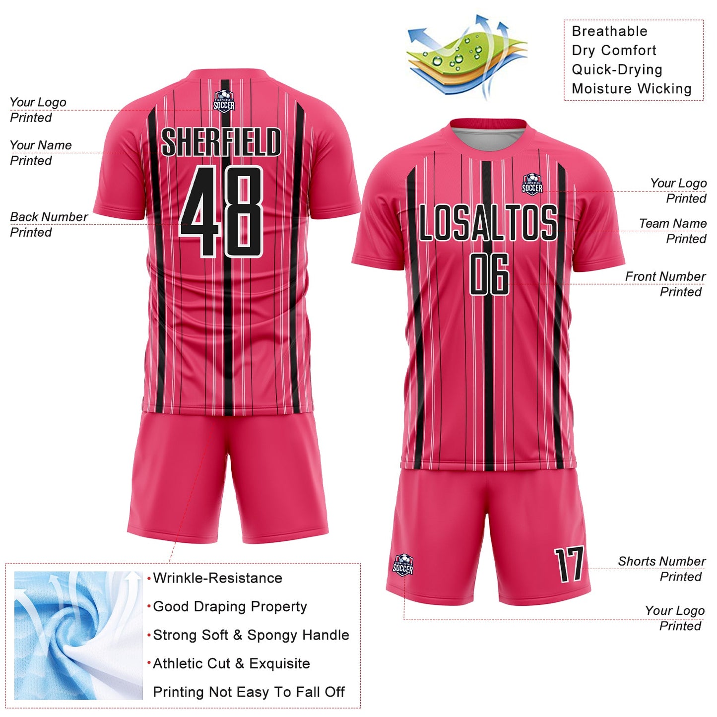 Custom Neon Pink Black-White Stripe Sublimation Soccer Uniform Jersey - Sky-Custom