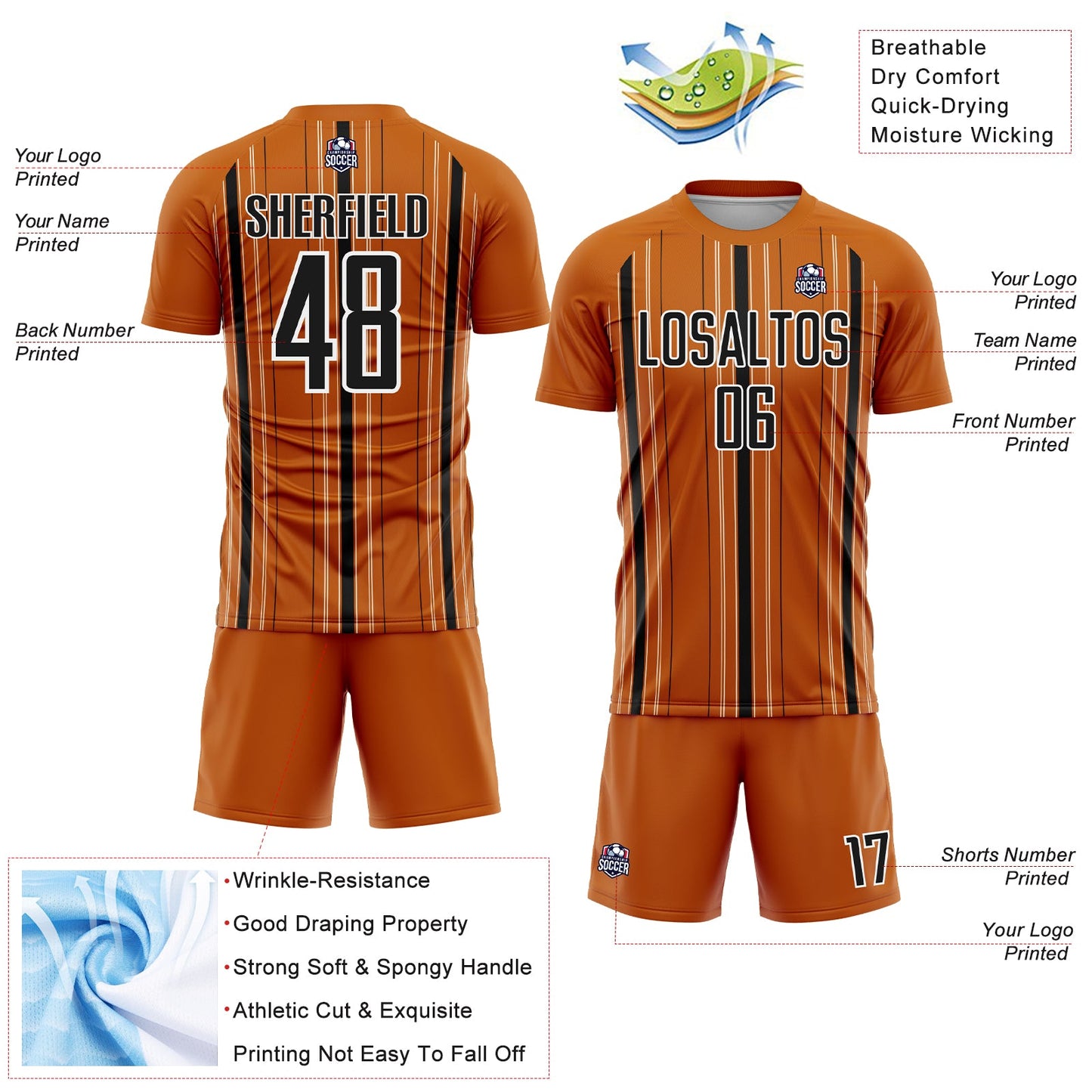 Custom Texas Orange Black-White Stripe Sublimation Soccer Uniform Jersey - Sky-Custom