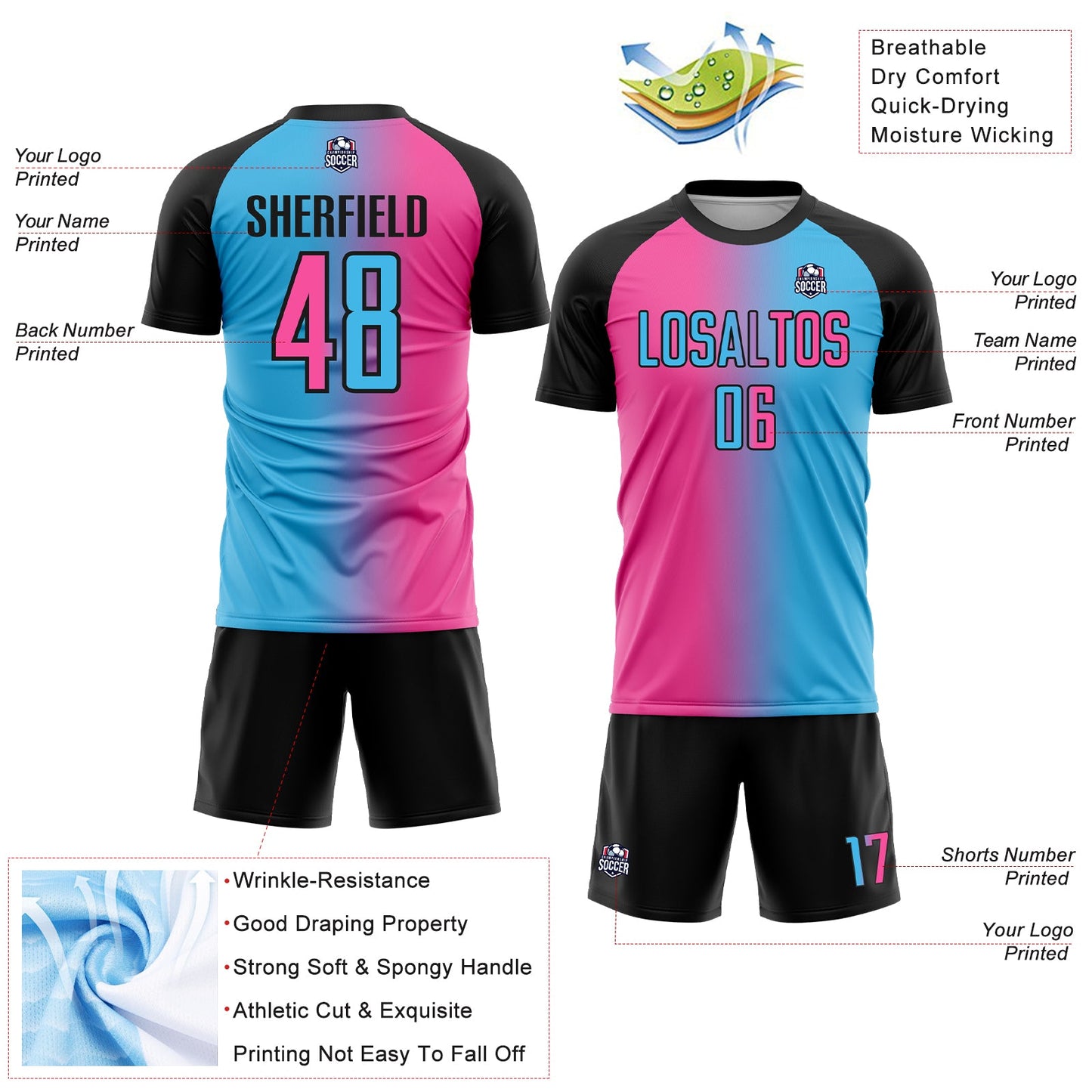 Custom Sky Blue Pink-Black Sublimation Gradient Fashion Soccer Uniform Jersey - Sky-Custom