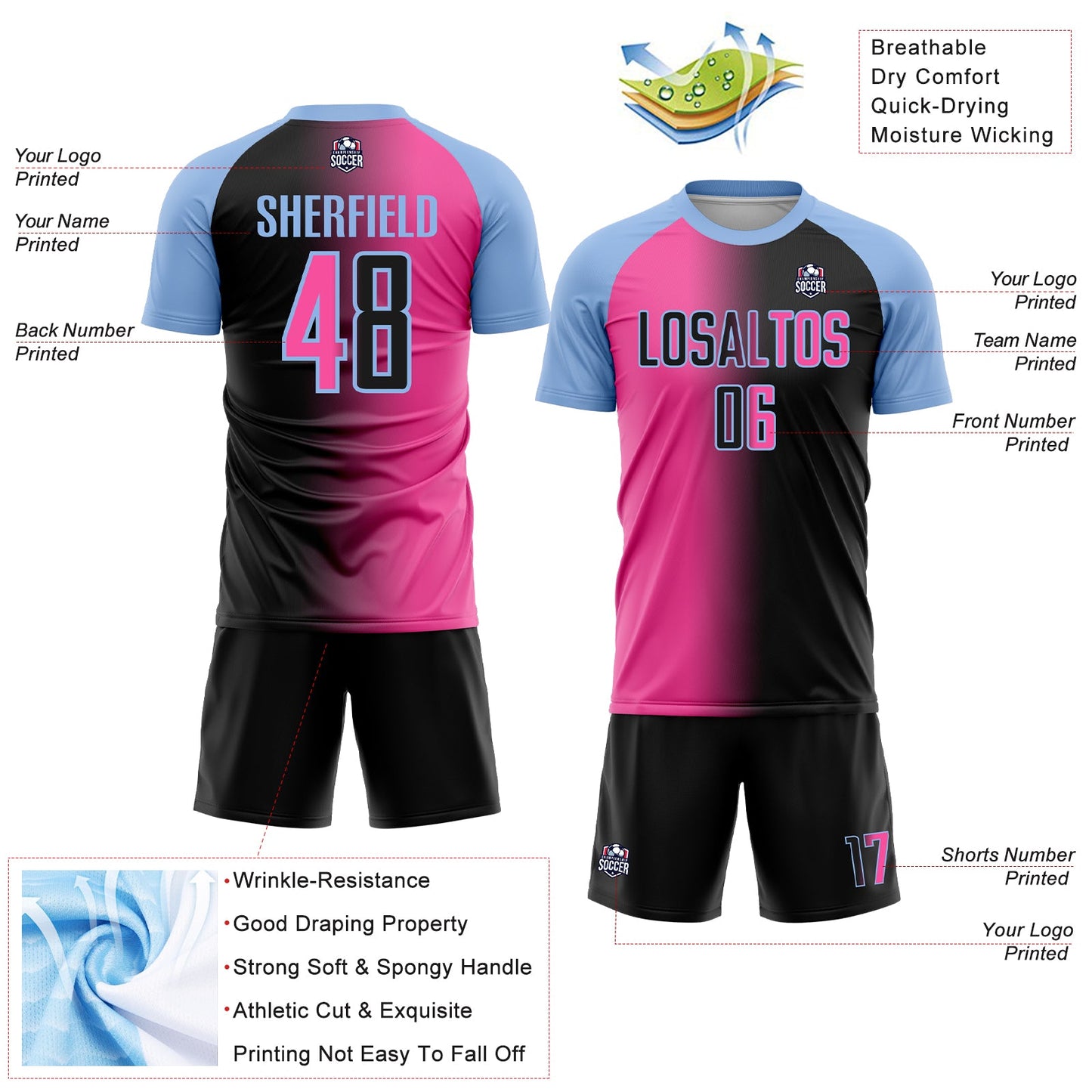 Custom Black Pink-Light Blue Sublimation Gradient Fashion Soccer Uniform Jersey - Sky-Custom