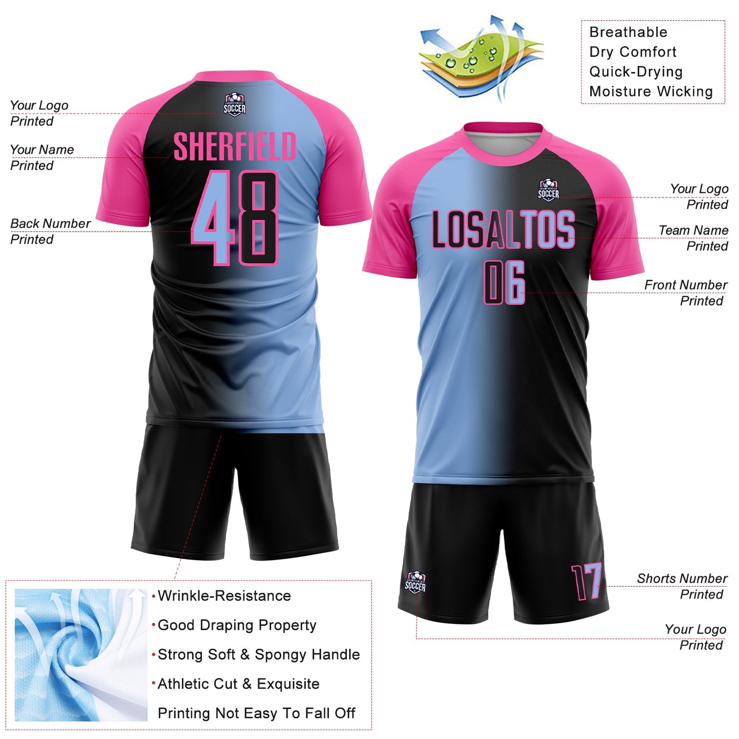 Custom Black Light Blue-Pink Sublimation Gradient Fashion Soccer Uniform Jersey - Sky-Custom