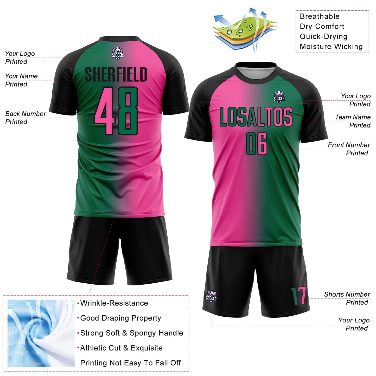 Custom Kelly Green Pink-Black Sublimation Gradient Fashion Soccer Uniform Jersey - Sky-Custom