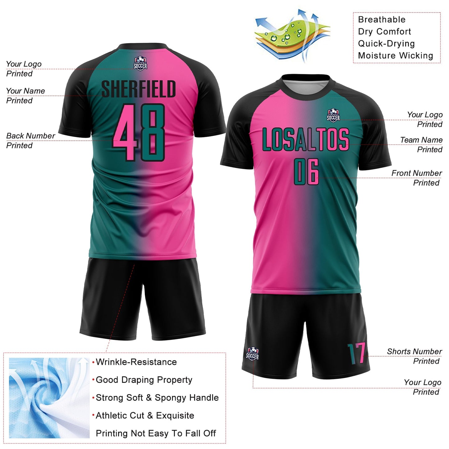 Custom Teal Pink-Black Sublimation Gradient Fashion Soccer Uniform Jersey - Sky-Custom