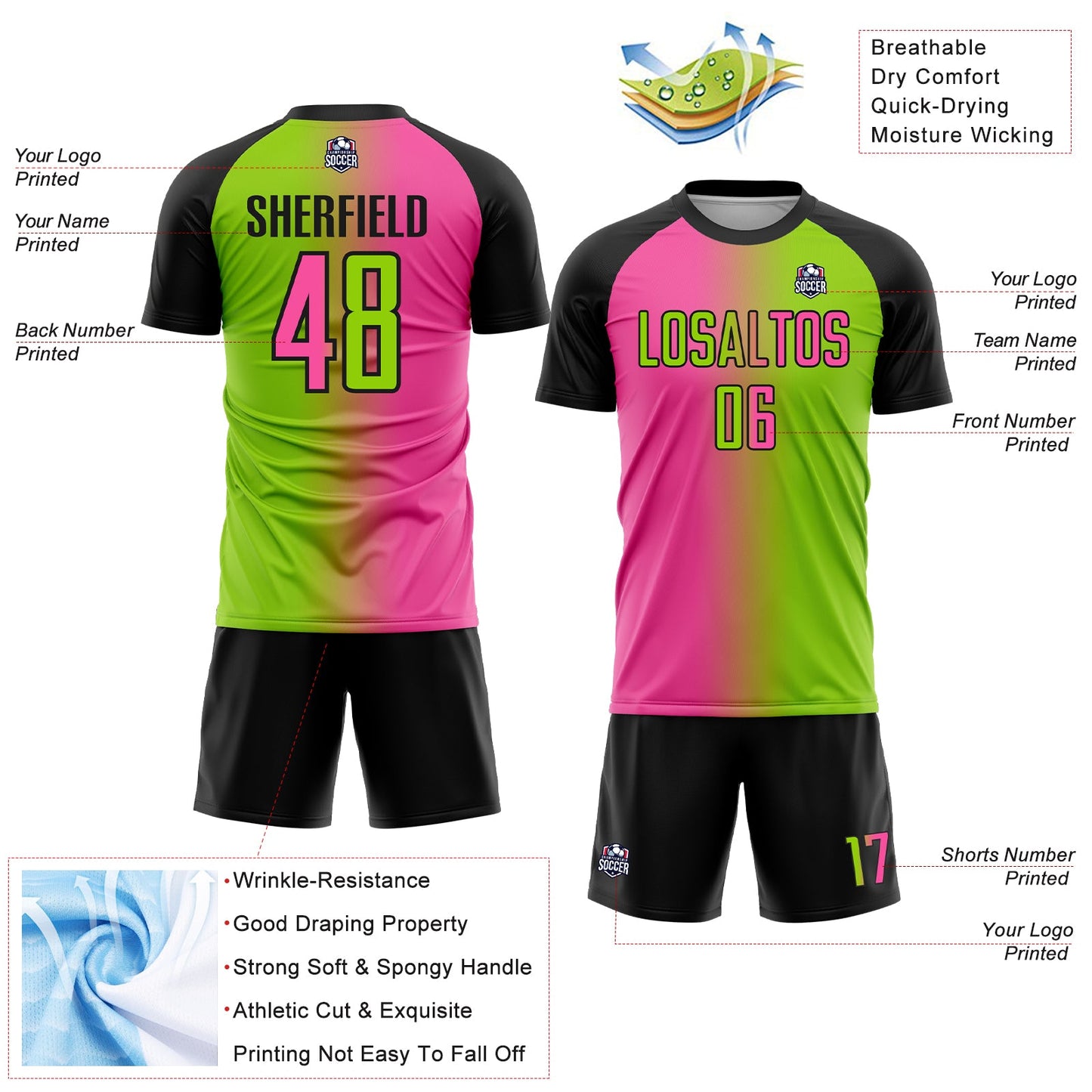 Custom Neon Green Pink-Black Sublimation Gradient Fashion Soccer Uniform Jersey - Sky-Custom