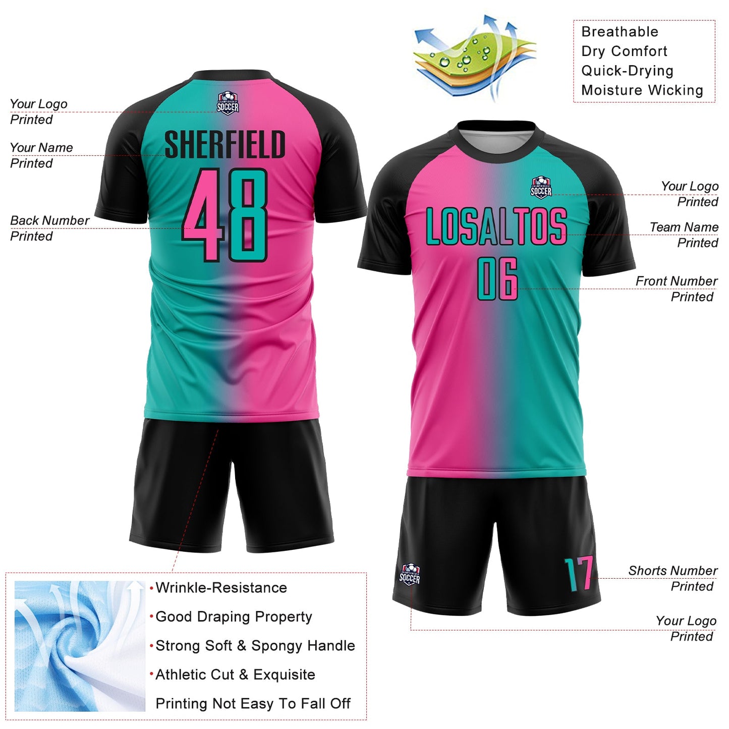 Custom Aqua Pink-Black Sublimation Gradient Fashion Soccer Uniform Jersey - Sky-Custom