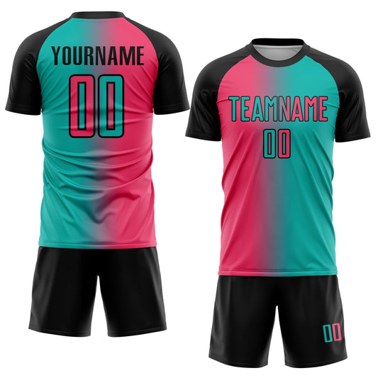 Custom Aqua Neon Pink-Black Sublimation Gradient Fashion Soccer Uniform Jersey - Sky-Custom