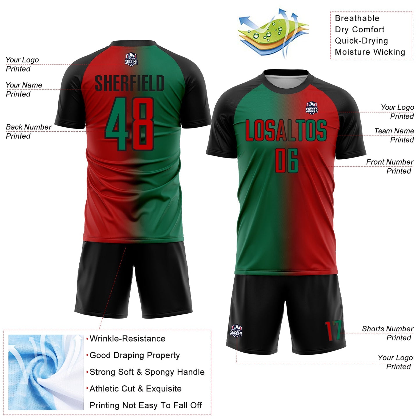 Custom Red Kelly Green-Black Sublimation Gradient Fashion Soccer Uniform Jersey - Sky-Custom